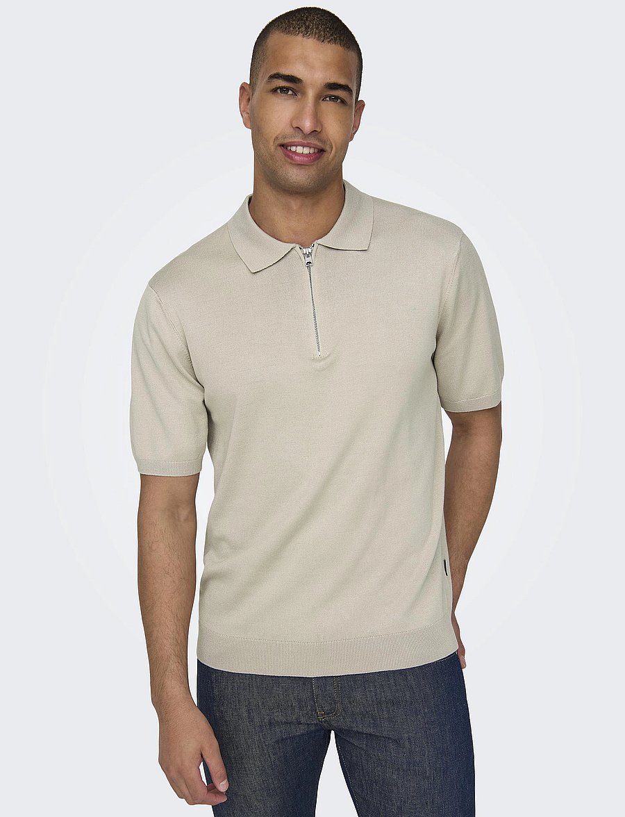 ONLY & SONS - ONSWYLER LIFE REG 14 SS ZIP POLO KNIT - kootud polosärgid - silver lining - 5