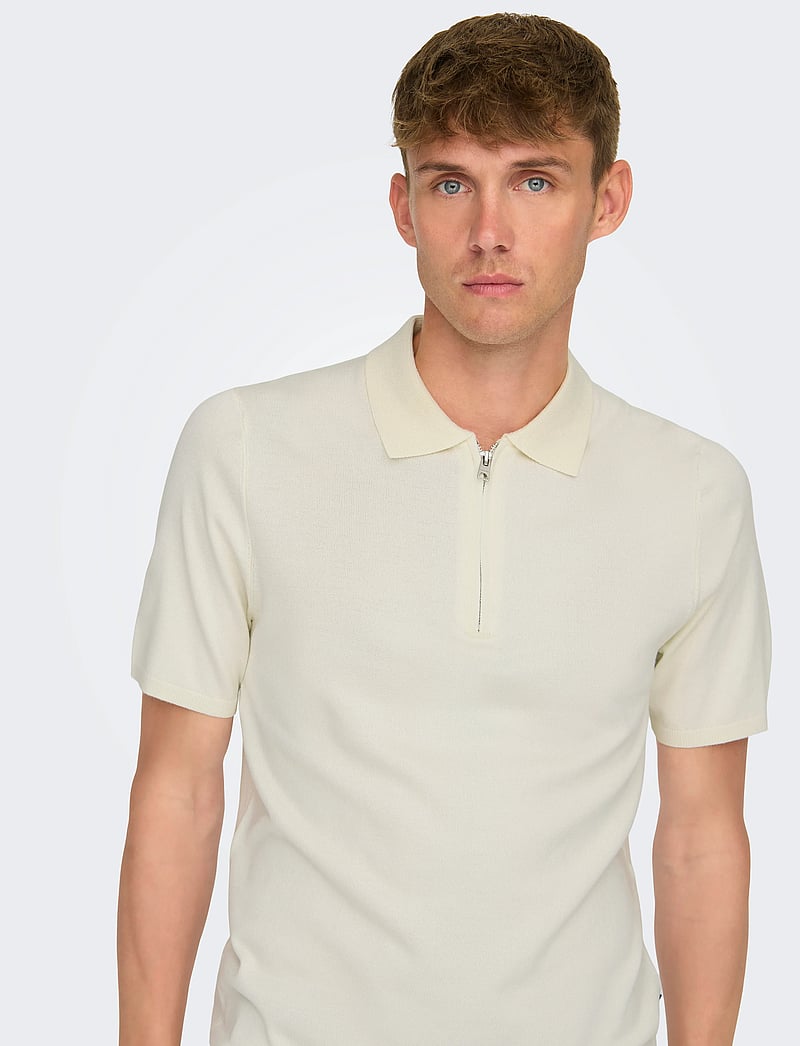 ONLY & SONS - ONSWYLER LIFE REG 14 SS ZIP POLO KNIT - kootud polosärgid - star white - 4