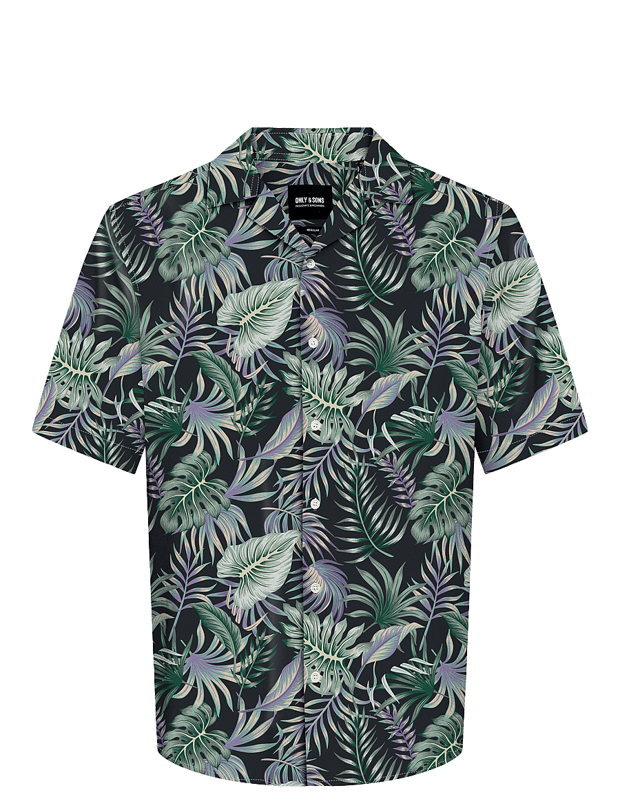 ONLY & SONS - ONSWAYNE LIFE AOP SS VISCOSE SHIRT NOOS - kortærmede skjorter - black - 0