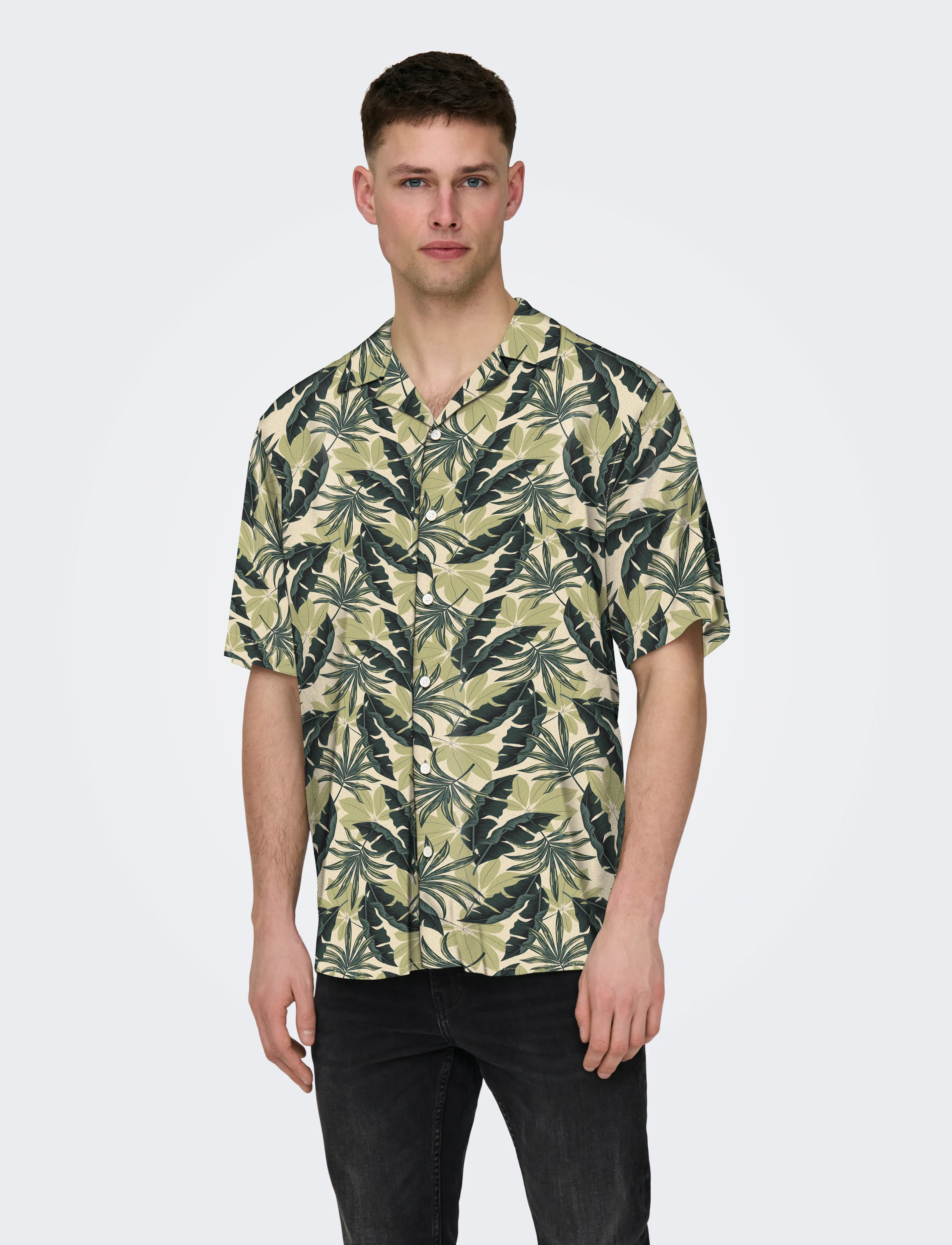 ONLY & SONS Onswayne Life Aop Ss Viscose Shirt Noos, Mænd, Kortærmet Tropisk Print Skjorte, Grøn, Str: M