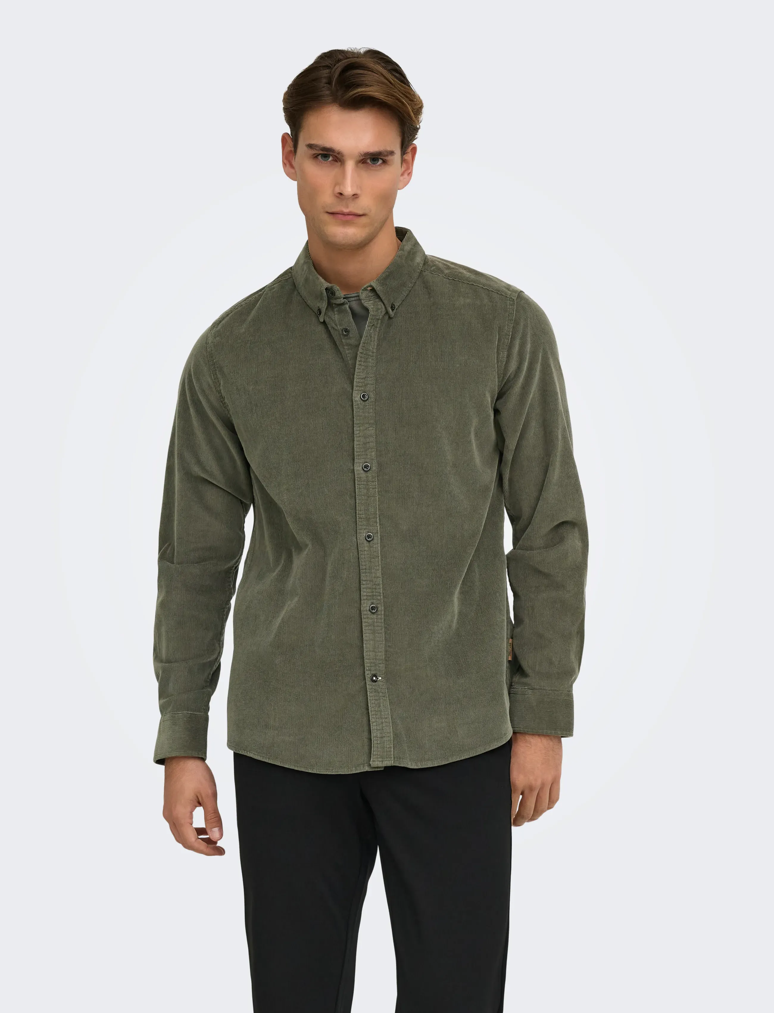 ONLY & SONS ONSMICHAEL 18W REG CORD STRETCH LS NOOS - Särgid - CASTOR GRAY / green