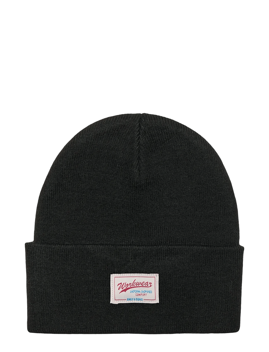 ONLY & SONS - ONSISAAC FLAT KNIT LOGO BEANIE NOOS - kollektionen - black - 0