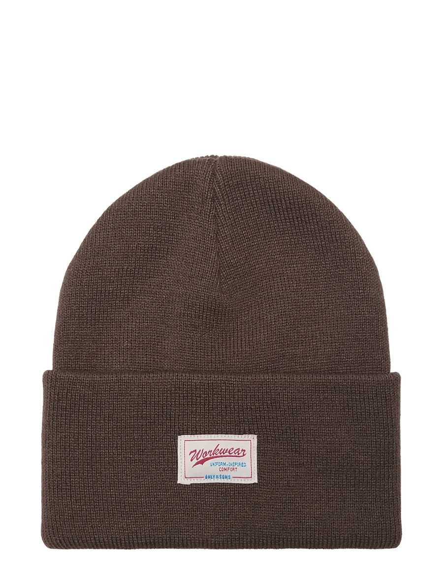 ONLY & SONS - ONSISAAC FLAT KNIT LOGO BEANIE NOOS - kollektionen - chocolate martini - 0