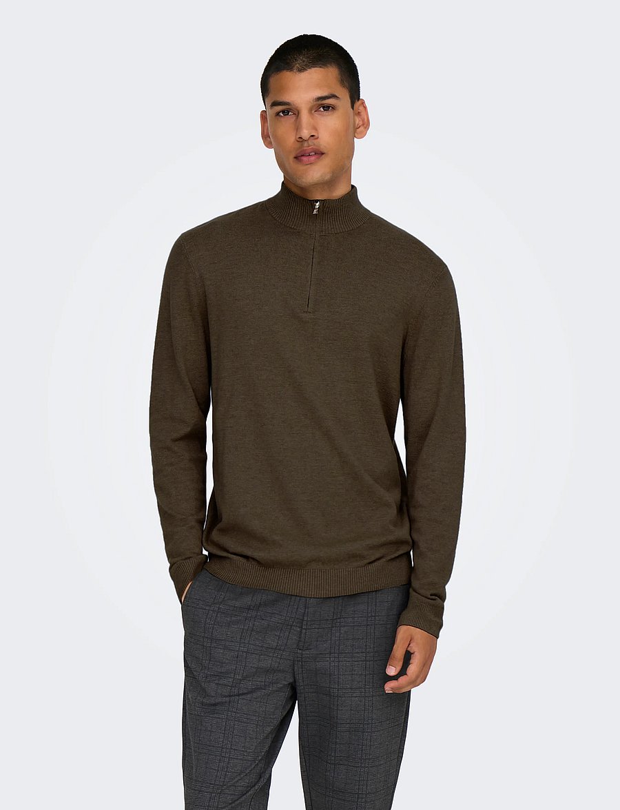 ONLY & SONS - ONSLOUI REG 12 MEL HALF ZIP KNIT NOOS - coffee bean - 0