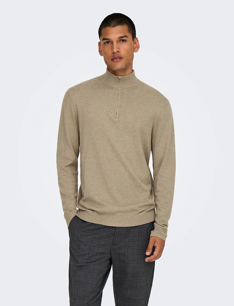 ONLY & SONS - ONSLOUI REG 12 MEL HALF ZIP KNIT NOOS - pullover mit halbem reißverschluss - desert taupe - 0