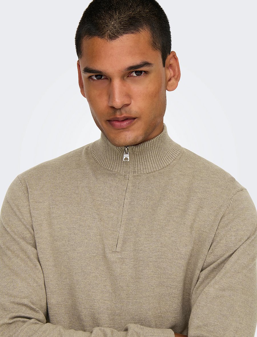 ONLY & SONS - ONSLOUI REG 12 MEL HALF ZIP KNIT NOOS - pullover mit halbem reißverschluss - desert taupe - 5