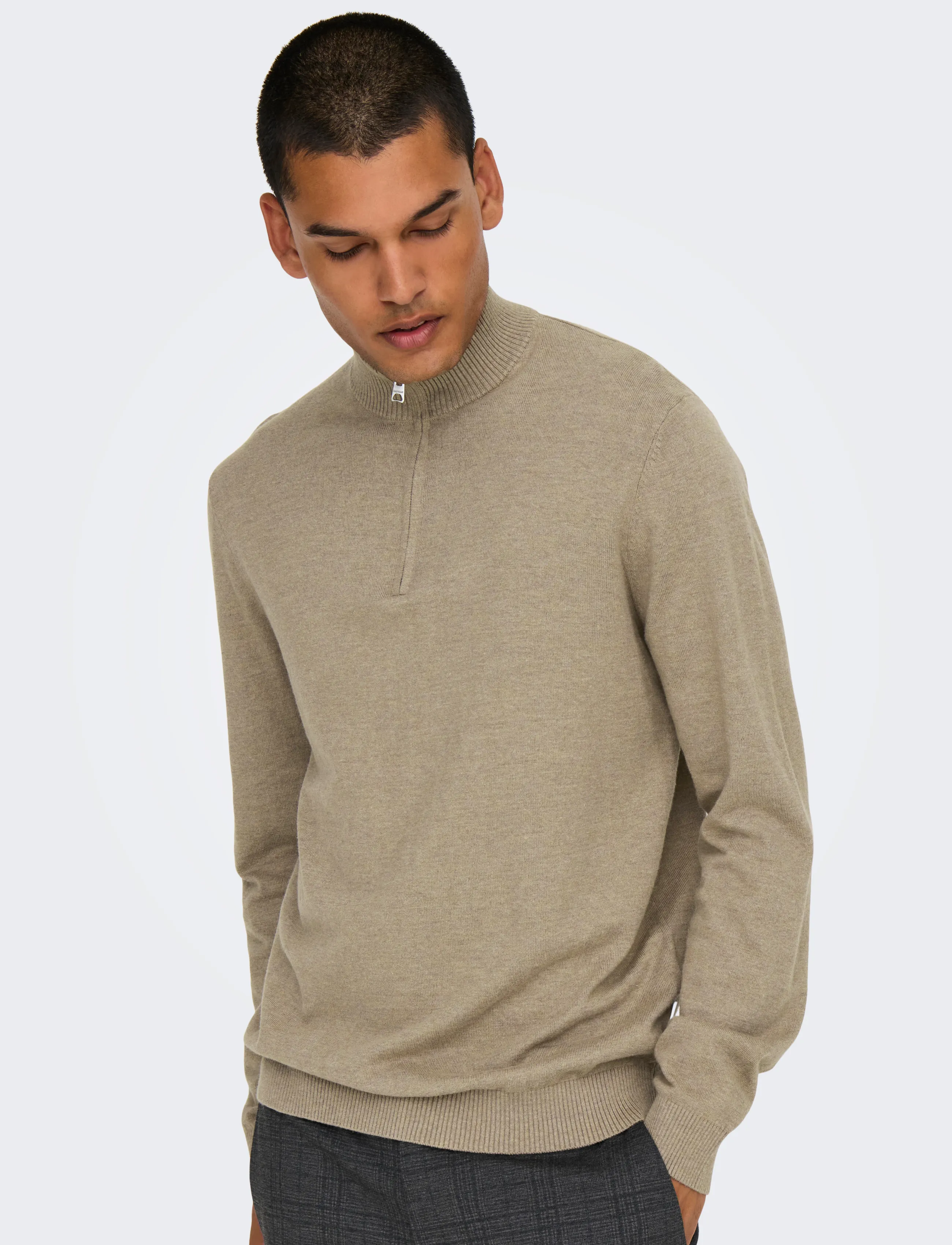 ONLY & SONS ONSLOUI REG 12 MEL HALF ZIP KNIT NOOS - Streetstyle - DESERT TAUPE / beige