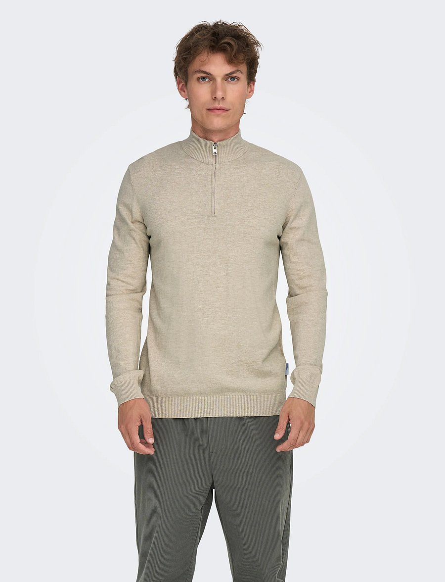 ONLY & SONS - ONSLOUI REG 12 MEL HALF ZIP KNIT NOOS - oatmeal - 0