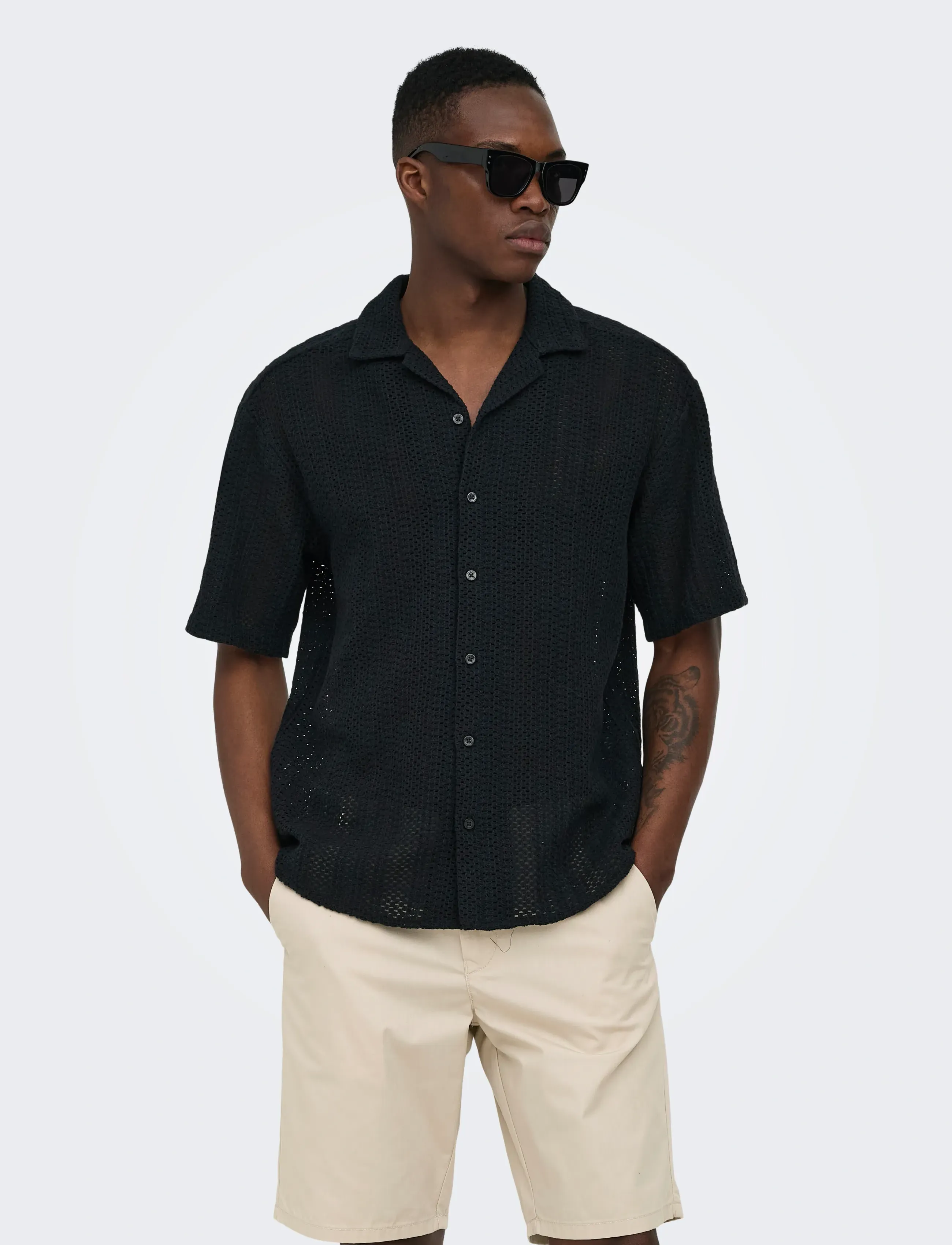 ONLY & SONS ONSDANI CROCHET SS SHIRT NOOS - ONLY & SONS - JET BLACK / black