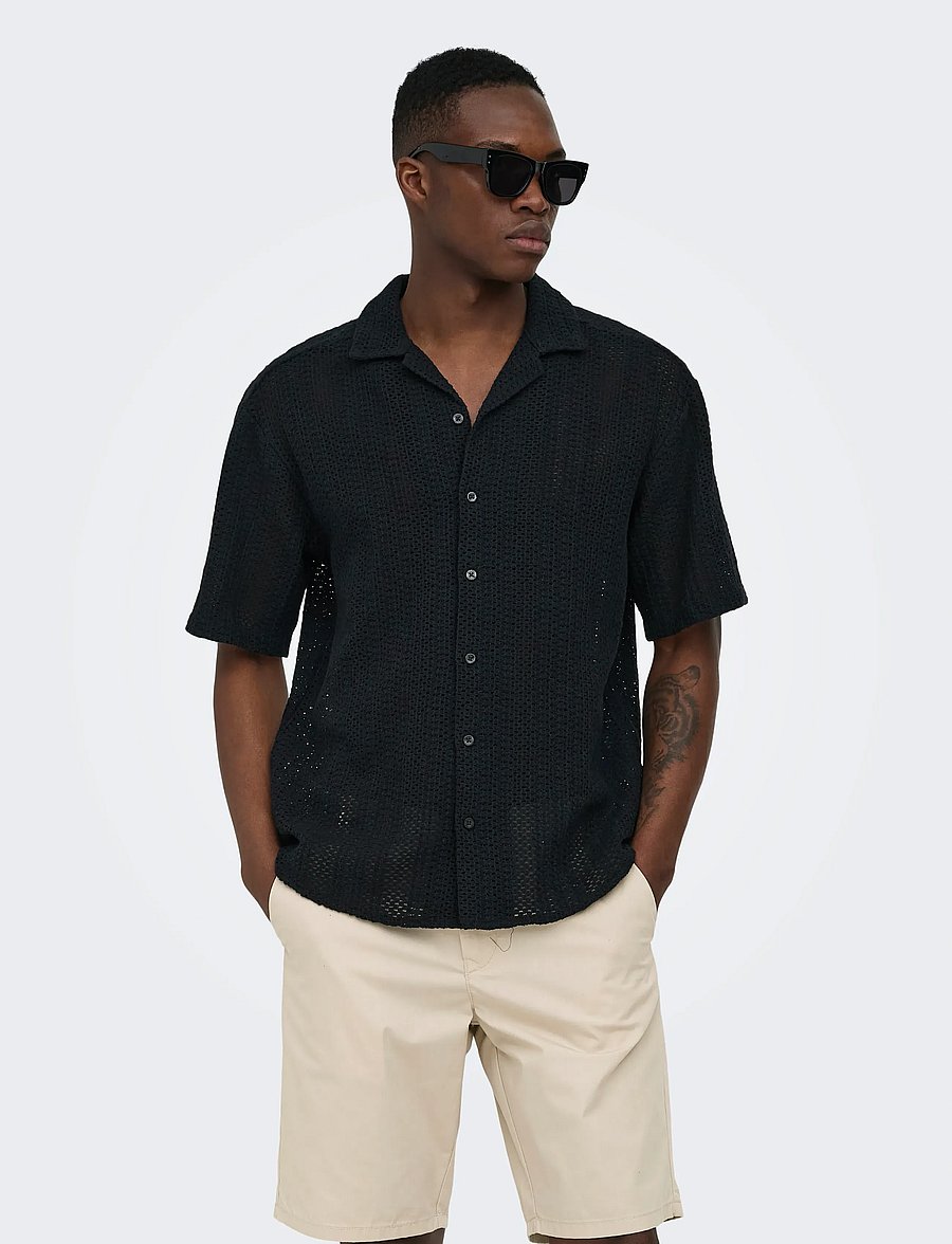ONLY & SONS - ONSDANI CROCHET SS SHIRT NOOS - kurzarmhemden - jet black - 0