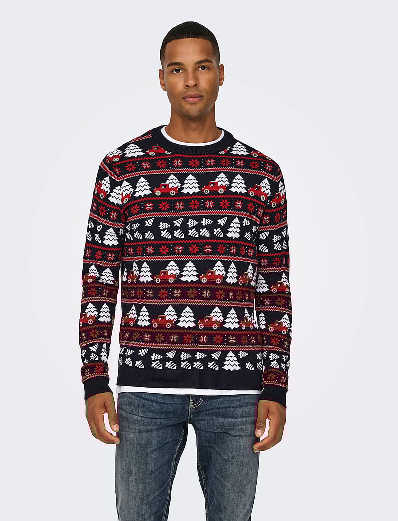 ONLY & SONS - ONSXMAS REG 5 JAQ CREW KNIT - kalėdiniai megztiniai - dark navy - 0