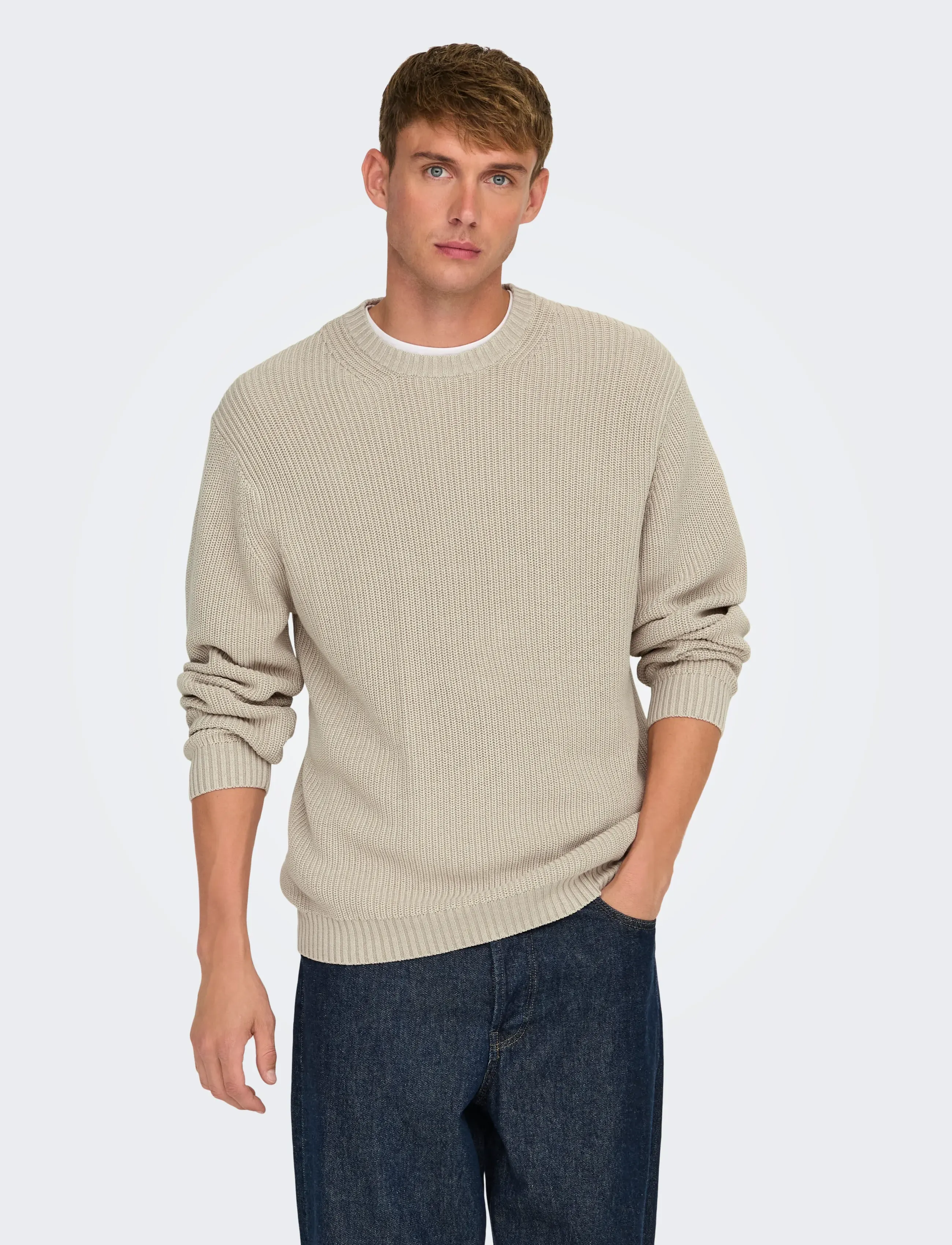 ONLY & SONS Onsrosu Reg 7 Wash Crew Knit Ww, XS, Knitwear, Beige - Round Necks, Männerswear