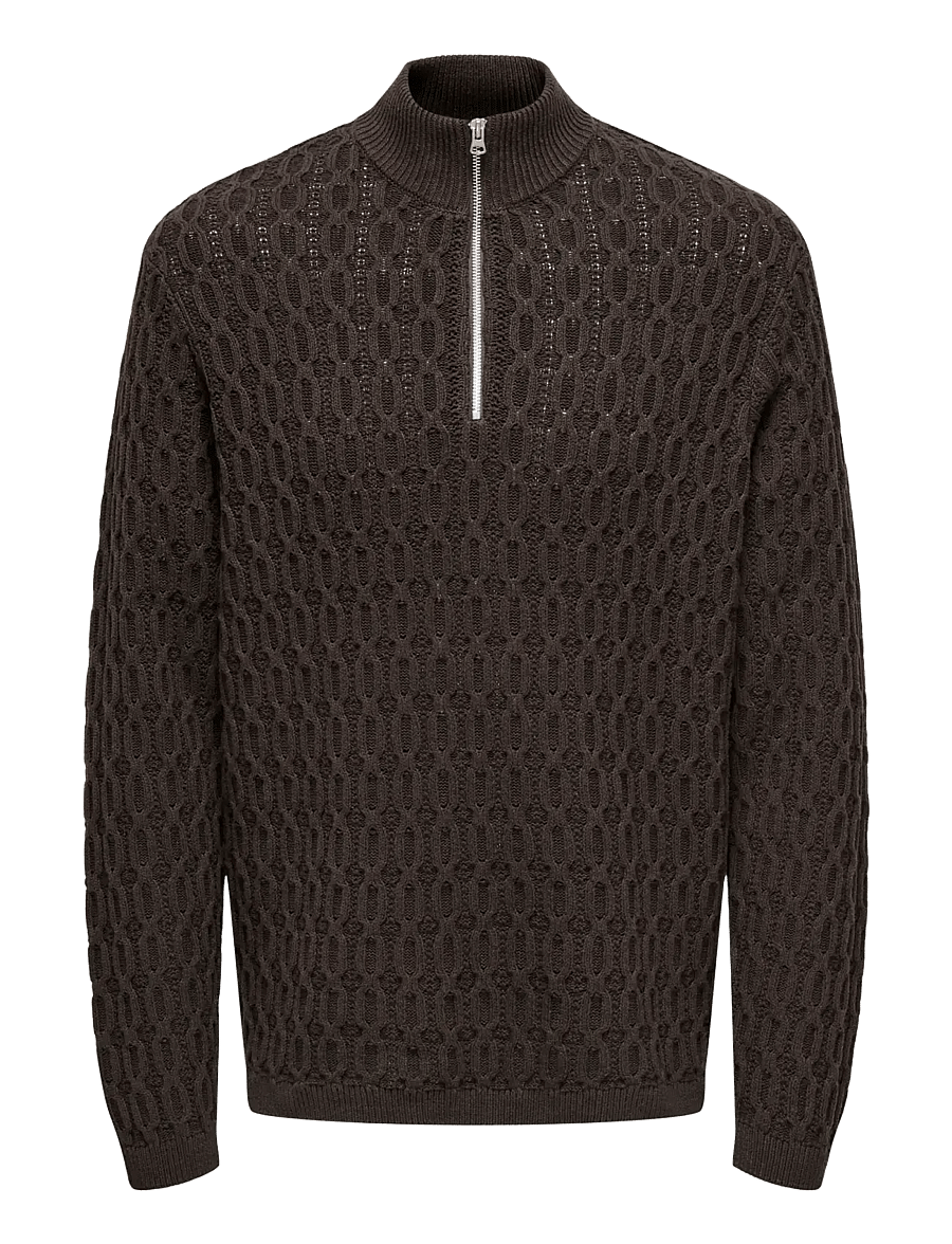 ONLY & SONS - ONSLEONARD LIFE REG 7 HALF ZIP KNIT CS - poolpika lukuga džemprid - coffee bean - 0