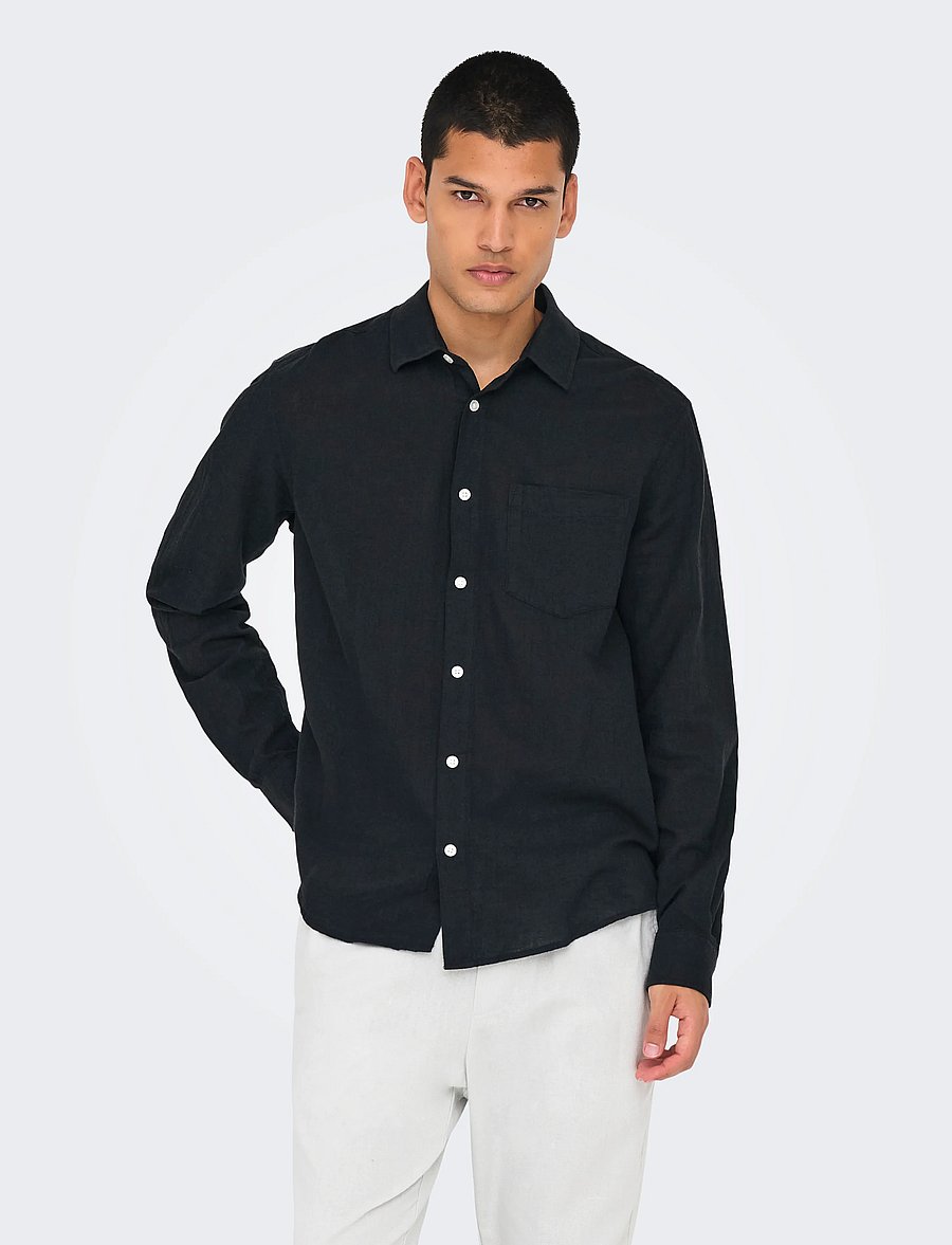 ONLY & SONS - ONSCAIDEN LIFE REG LS 1 PKT SHIRT NOOS - chemises de lin - black - 0
