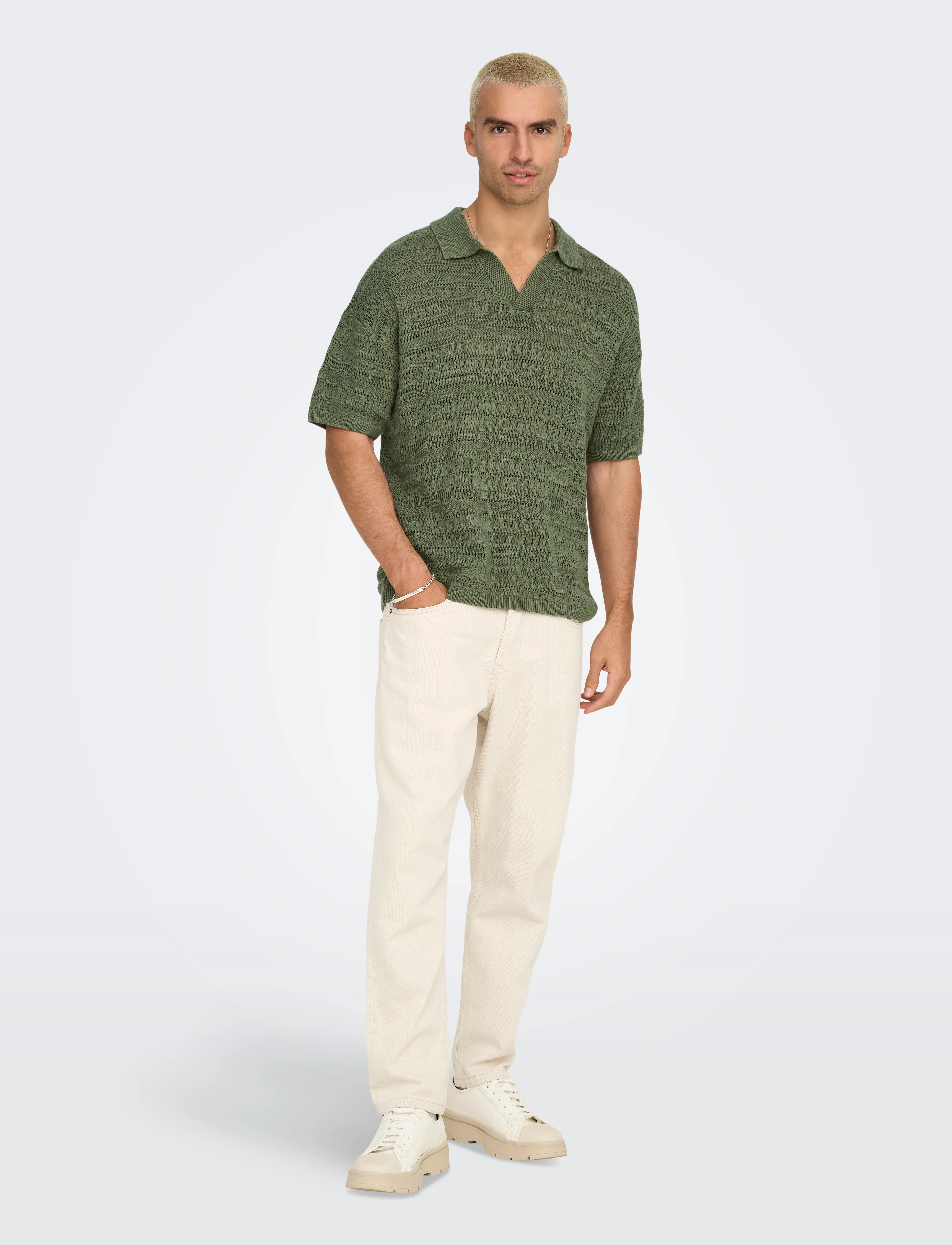 ONLY & SONS Onsgrayson Ds 5 Chochet Polo Knit Noos, S, Knitwear, Khakigrün - Short Sleeve Knitted Polos, Männerswear