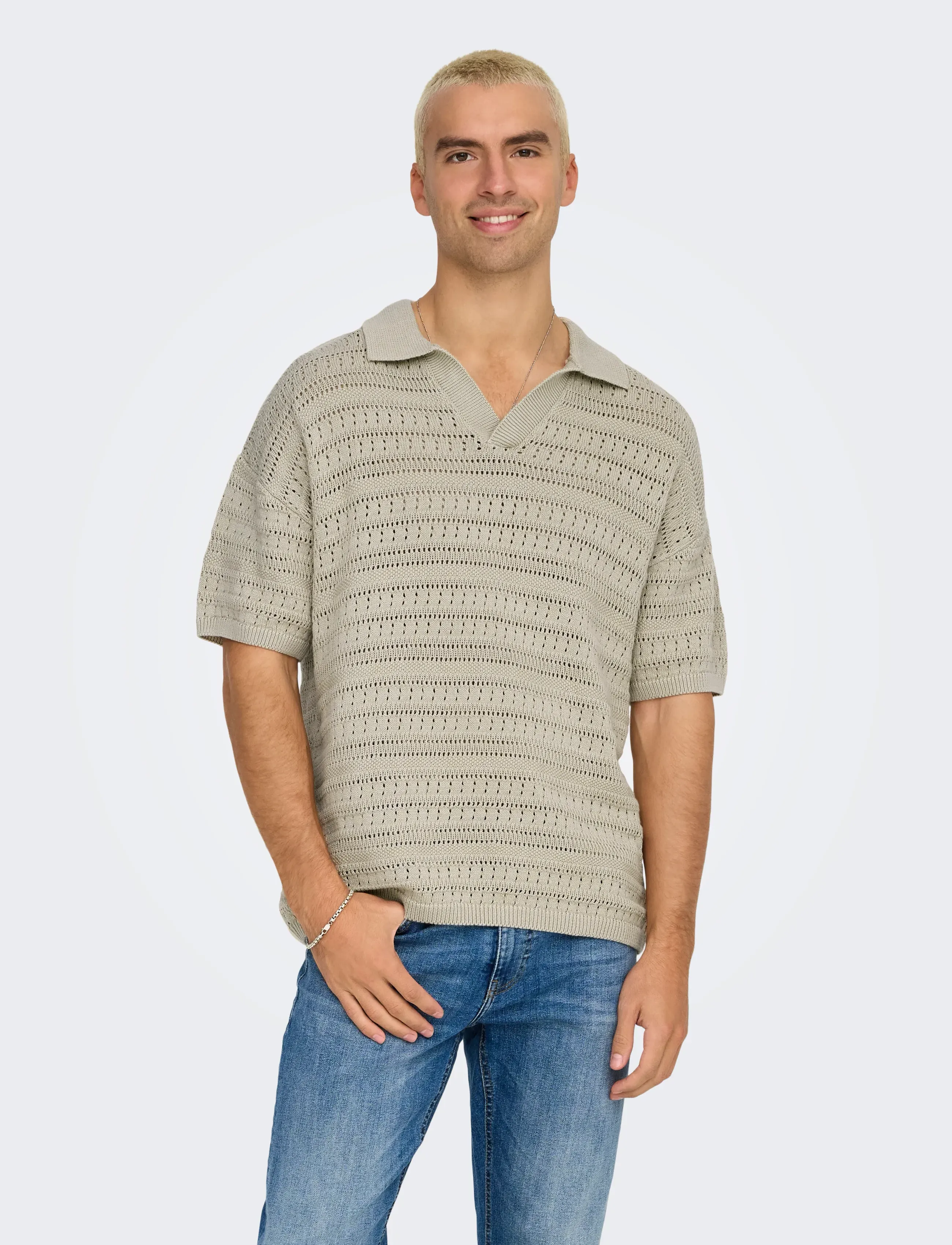 ONLY & SONS Onsgrayson Ds 5 Chochet Polo Knit Noos, L, Knitwear, Beige - Short Sleeve Knitted Polos, Männerswear