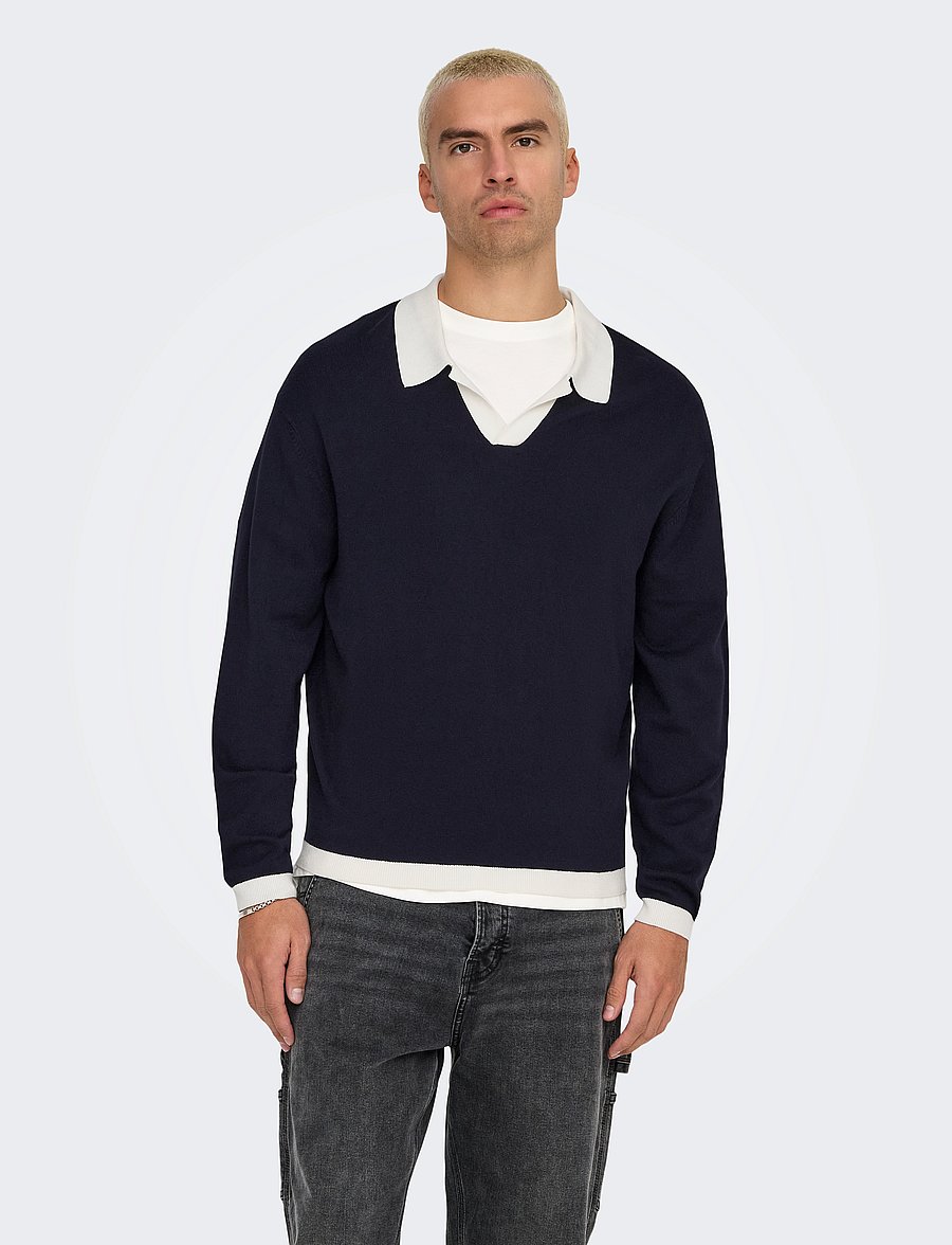 ONLY & SONS - ONSADRIAN REG 12 LS CONTRAST POLO KNIT - long-sleeved polos - dark navy - 0