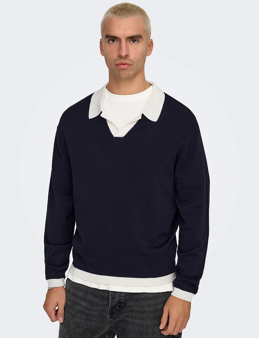 ONLY & SONS - ONSADRIAN REG 12 LS CONTRAST POLO KNIT - long-sleeved polos - dark navy - 4