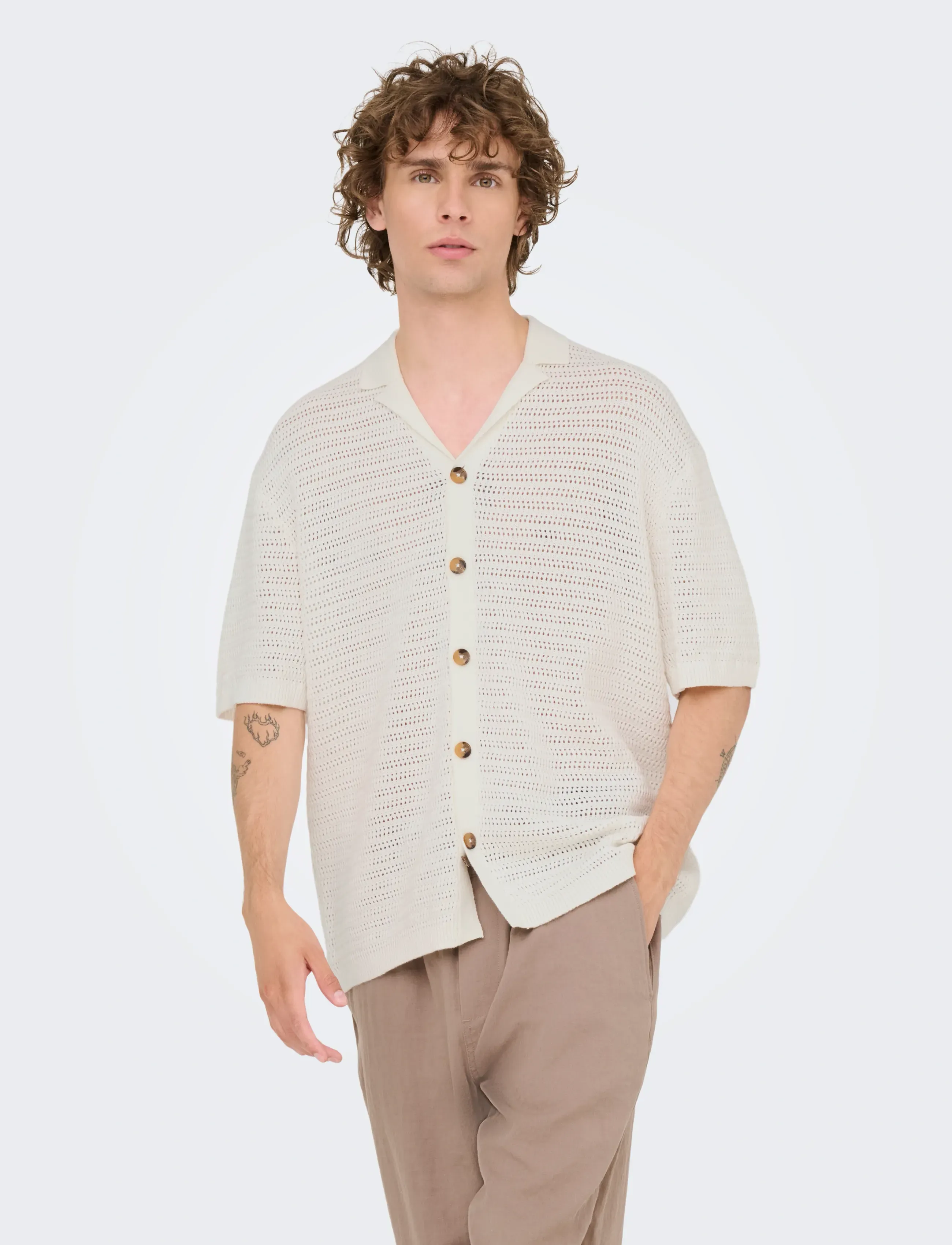 ONLY & SONS ONSTHIAGO OVZ 7 SS RESORT CROCHET SHIRT - ONLY & SONS - CLOUD DANCER / white