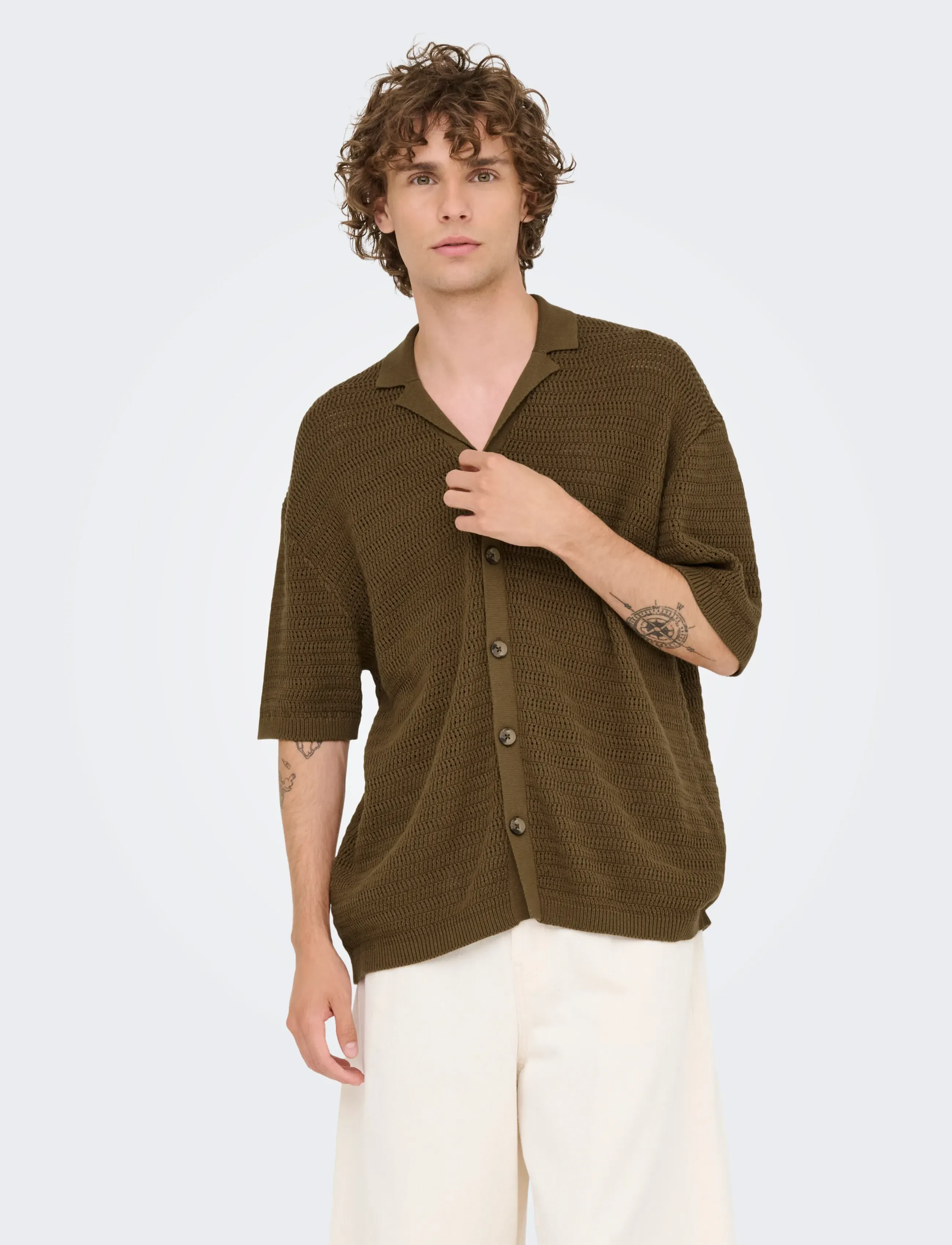 ONLY & SONS ONSTHIAGO OVZ 7 SS RESORT CROCHET SHIRT - ONLY & SONS - SEPIA / brown