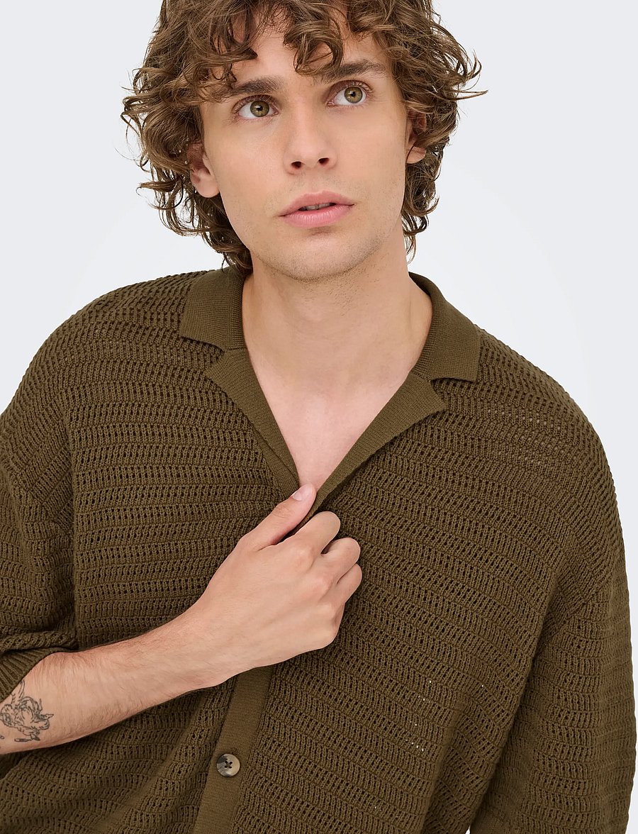 ONLY & SONS - ONSTHIAGO OVZ 7 SS RESORT CROCHET SHIRT - kortärmade skjortor - sepia - 4