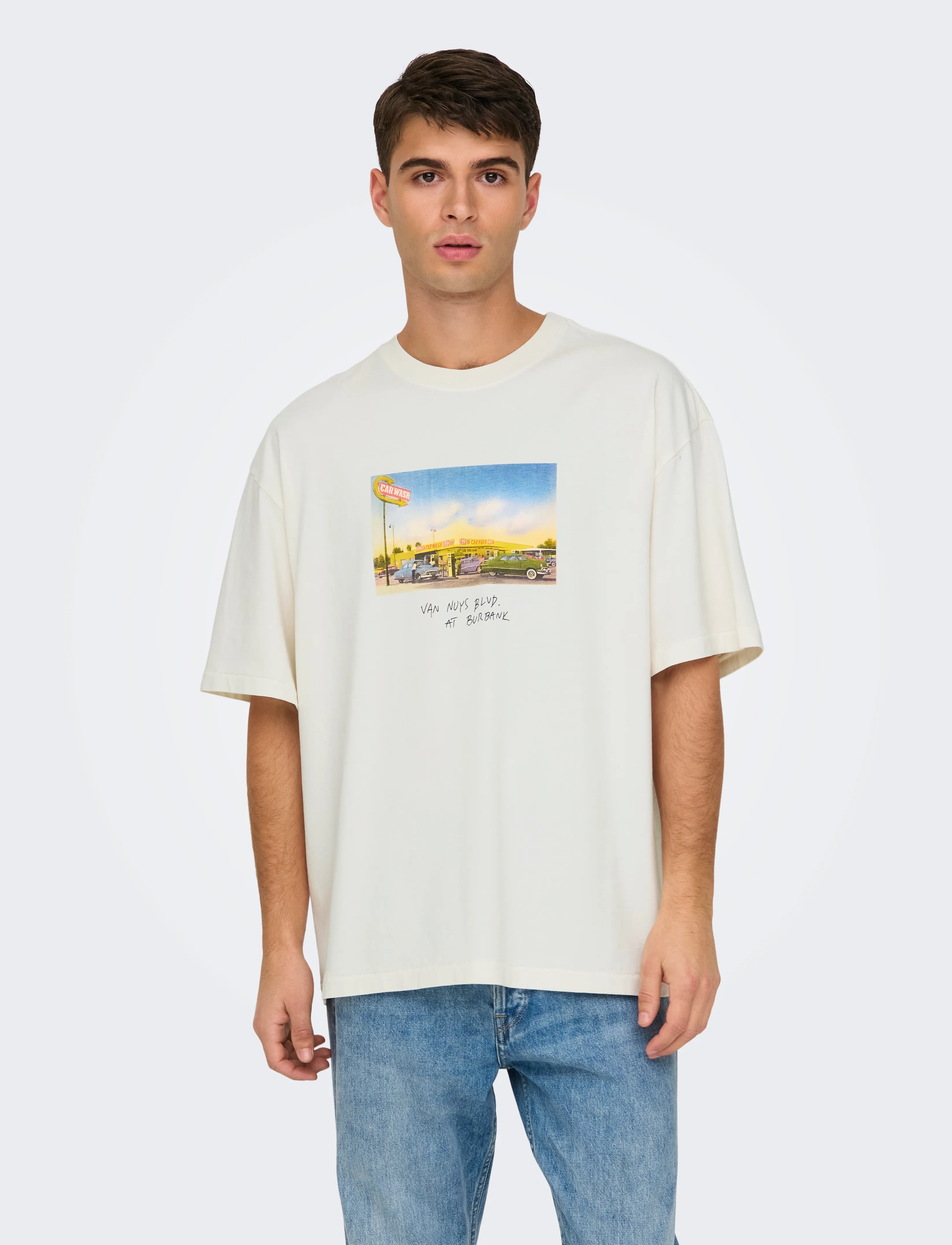 ONLY & SONS Onsdevin Ovz Washed Ss Tee Vd, S, White, T-Shirts > Kortærmede, Herre