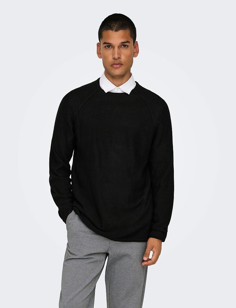 ONLY & SONS - ONSAPOLLO REG LS STRUC CREW KNIT - round necks - black - 0