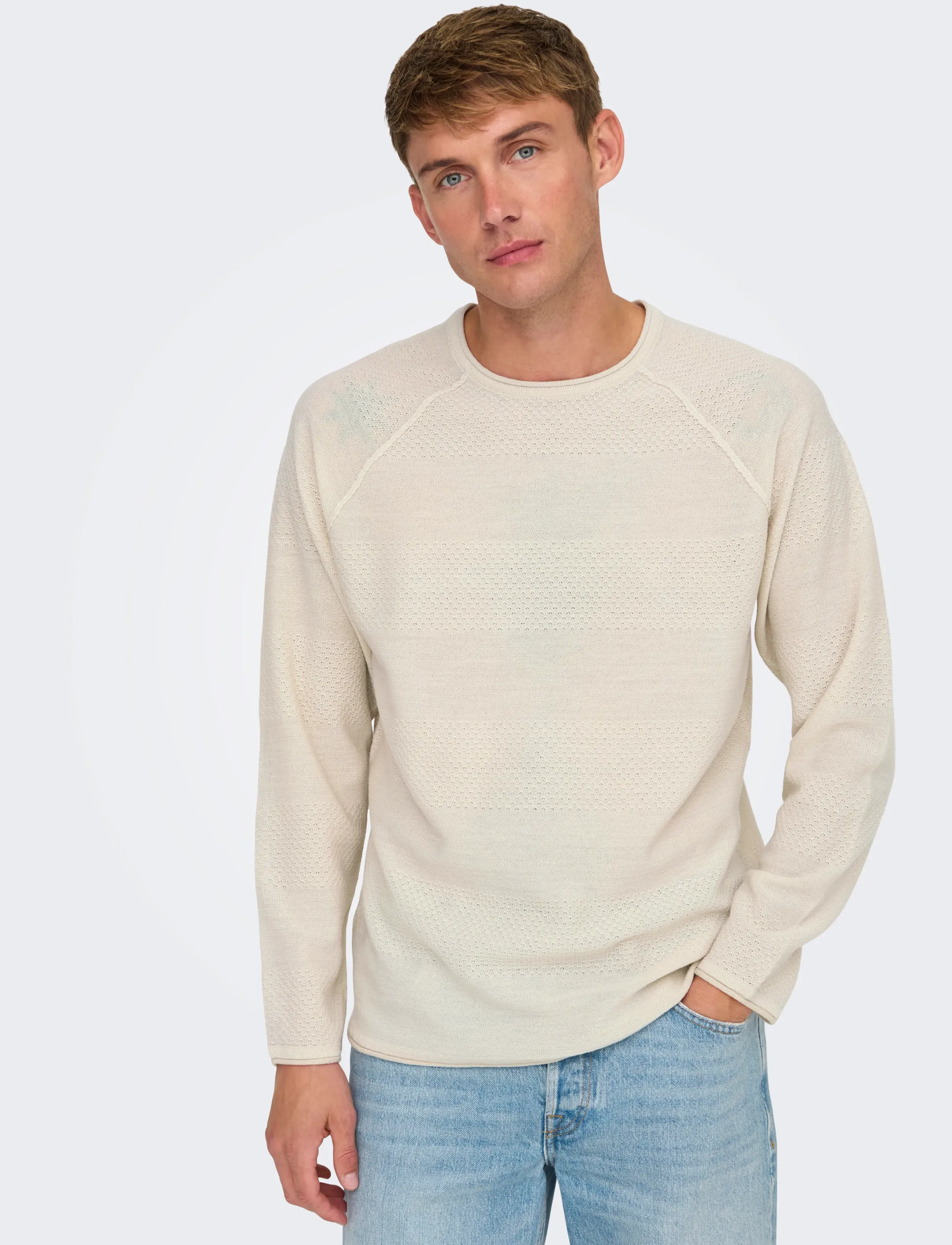ONLY & SONS ONSAPOLLO REG LS STRUC CREW KNIT - Ümara kaelusega - SILVER LINING / cream