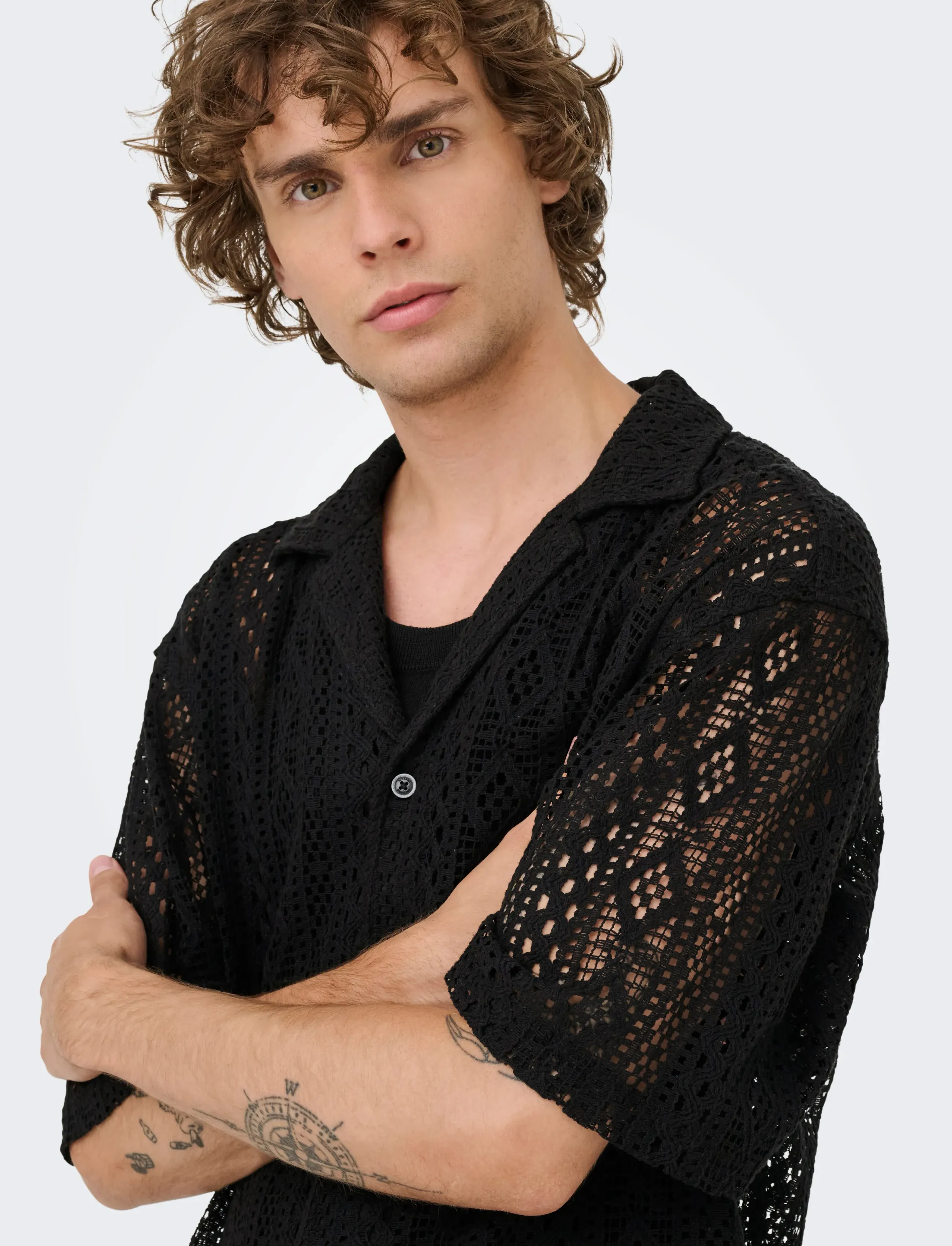 ONLY & SONS - ONSNOVAK RLX RESORT SS LACE SHIRT - kortærmede skjorter - black - 4