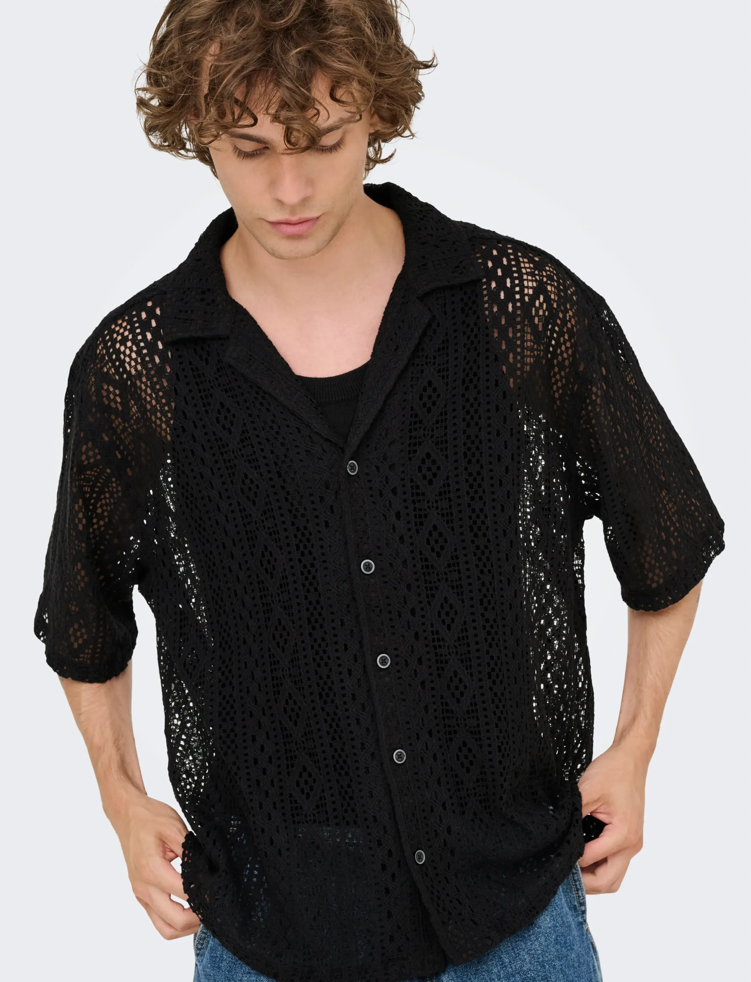 ONLY & SONS - ONSNOVAK RLX RESORT SS LACE SHIRT - kortærmede skjorter - black - 5