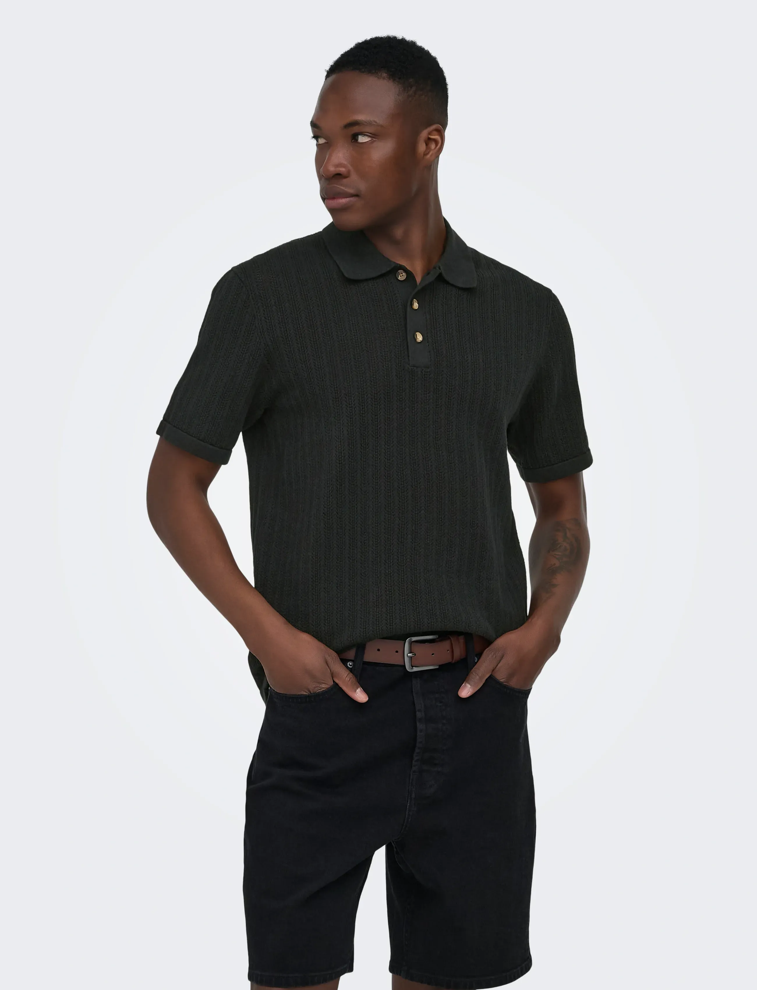 ONLY & SONS ONSMOON REG 12 SS POLO KNIT NOOS - Looks for less - BLACK / black