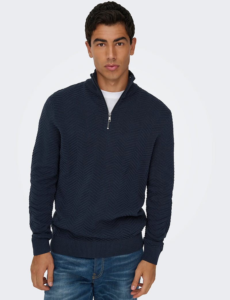 ONLY & SONS - ONSMACE REG HERRINGBONE HALF ZIP KNIT NS - džemperiai su trumpu užtrauktuku - navy blazer - 5