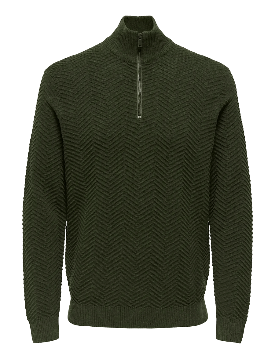 ONLY & SONS - ONSMACE REG HERRINGBONE HALF ZIP KNIT NS - half zip-tröjor - olive night - 1