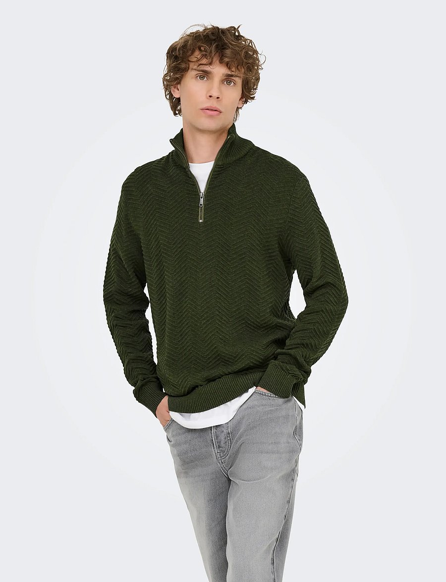 ONLY & SONS - ONSMACE REG HERRINGBONE HALF ZIP KNIT NS - half zip-tröjor - olive night - 0