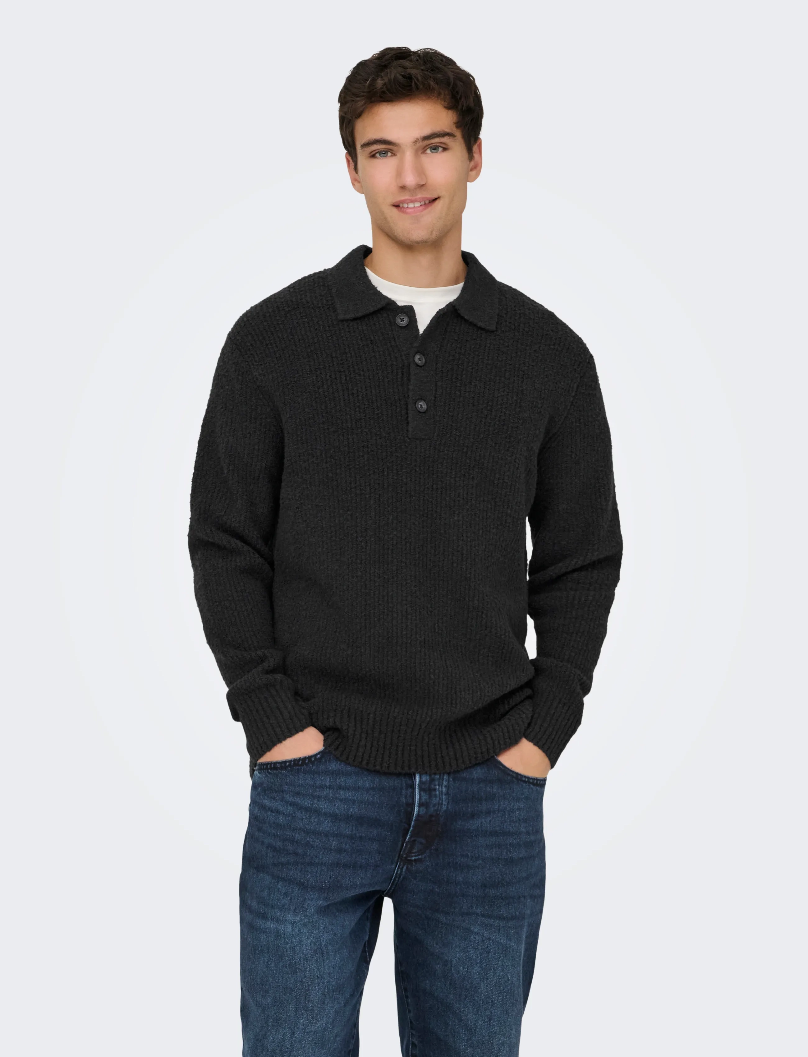 ONLY & SONS Onsdale Rlx Ls Polo Knit Noos, Mænd, Langærmet Strikpolo, Sort, Str: L