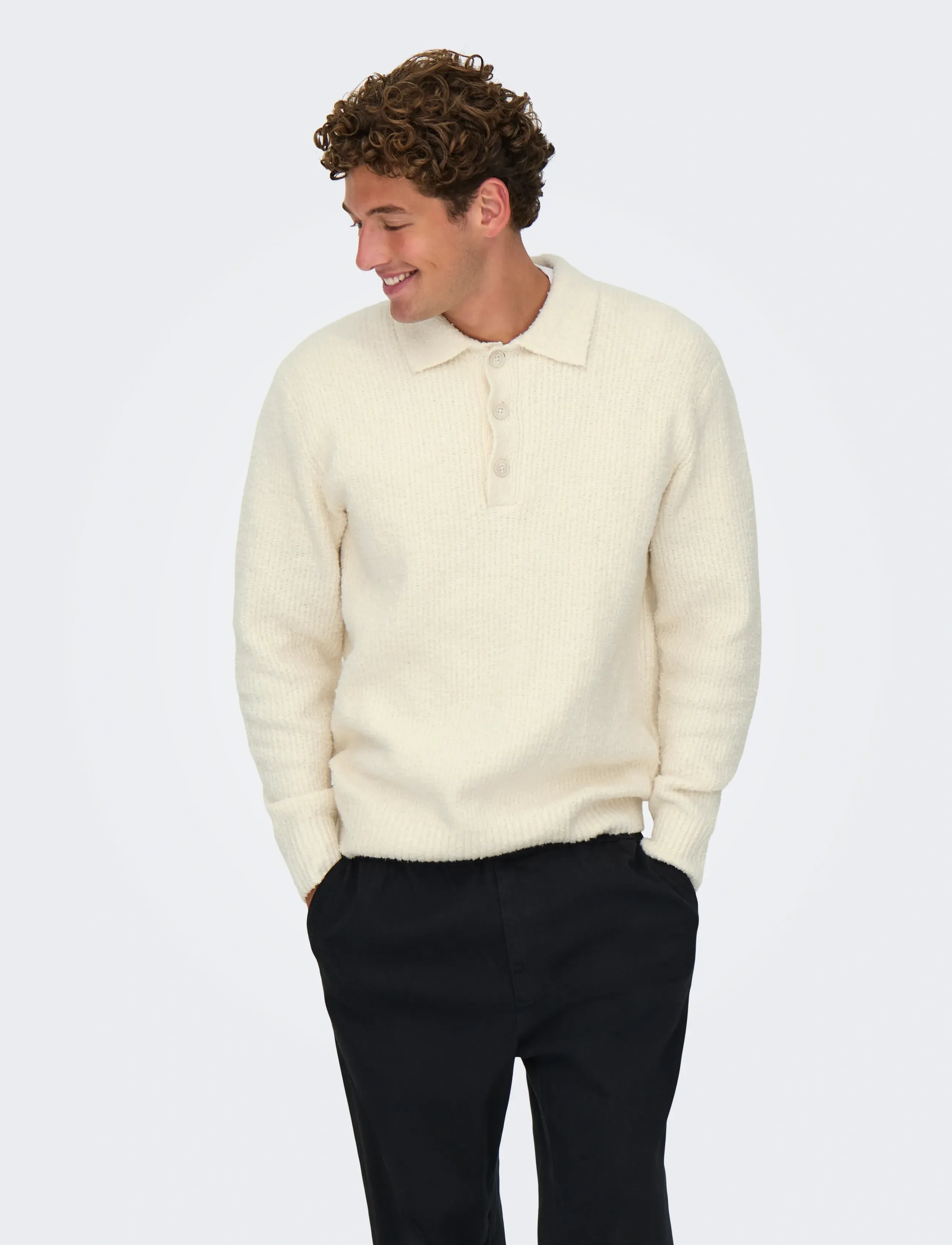 ONLY & SONS Onsdale Rlx Ls Polo Knit Noos, Mænd, Langærmet Strikpolo, Cream, Str: XL