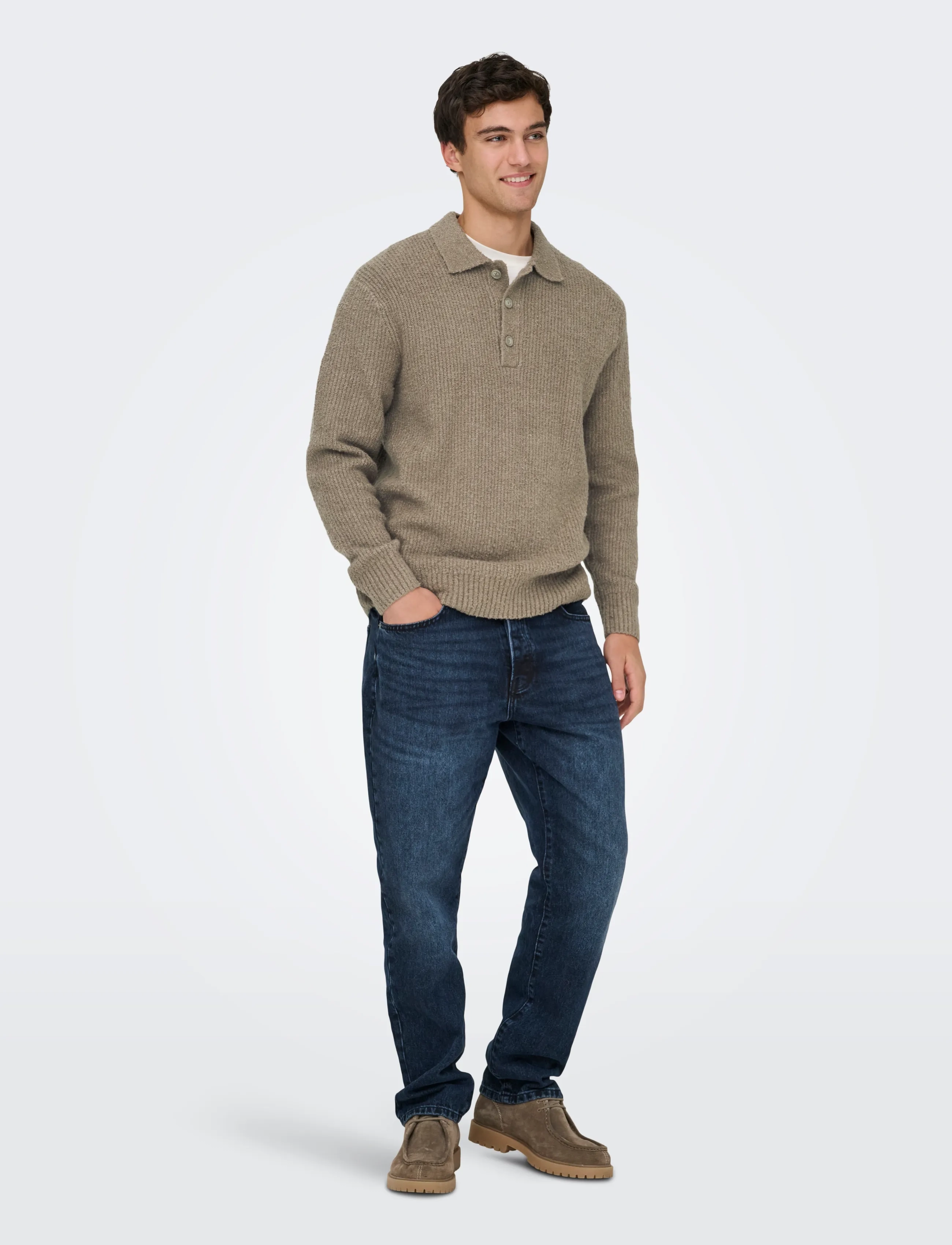 ONLY & SONS Onsdale Rlx Ls Polo Knit Noos, Mænd, Langærmet Strikpolo, Beige, Str: XXL