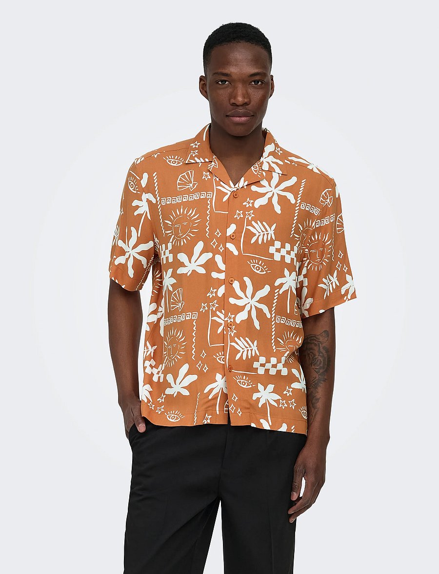 ONLY & SONS - ONSDASH LIFE REG AOP SS 001 RESORT SHIRT - kortærmede skjorter - raw sienna - 0