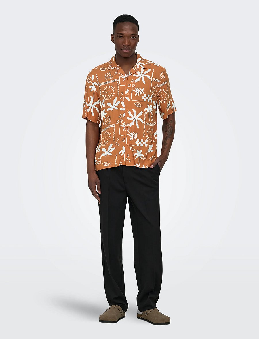 ONLY & SONS - ONSDASH LIFE REG AOP SS 001 RESORT SHIRT - kortærmede skjorter - raw sienna - 4