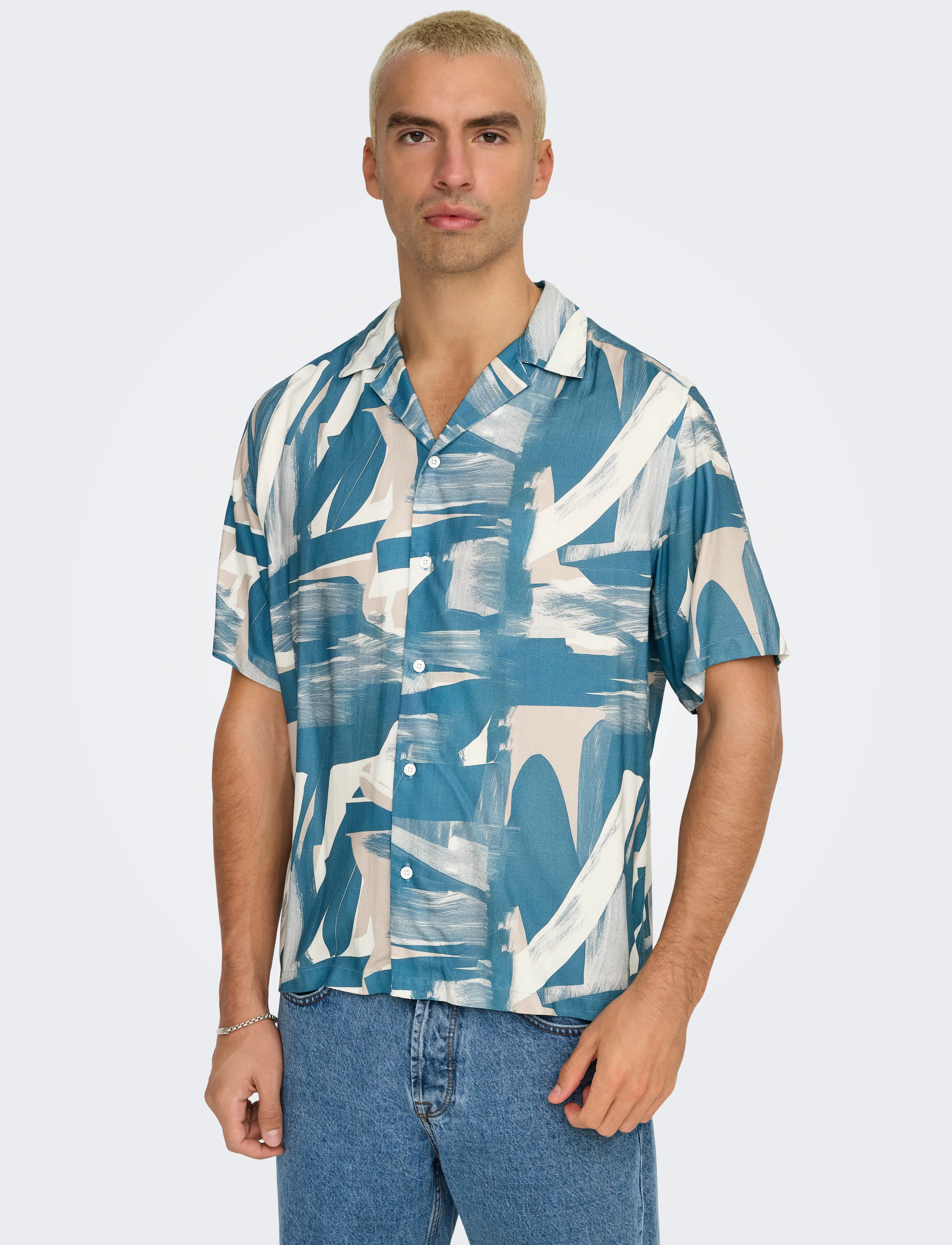 ONLY & SONS - ONSDASH LIFE REG AOP SS 001 RESORT SHIRT - kurzarmhemden - silver lining - 5