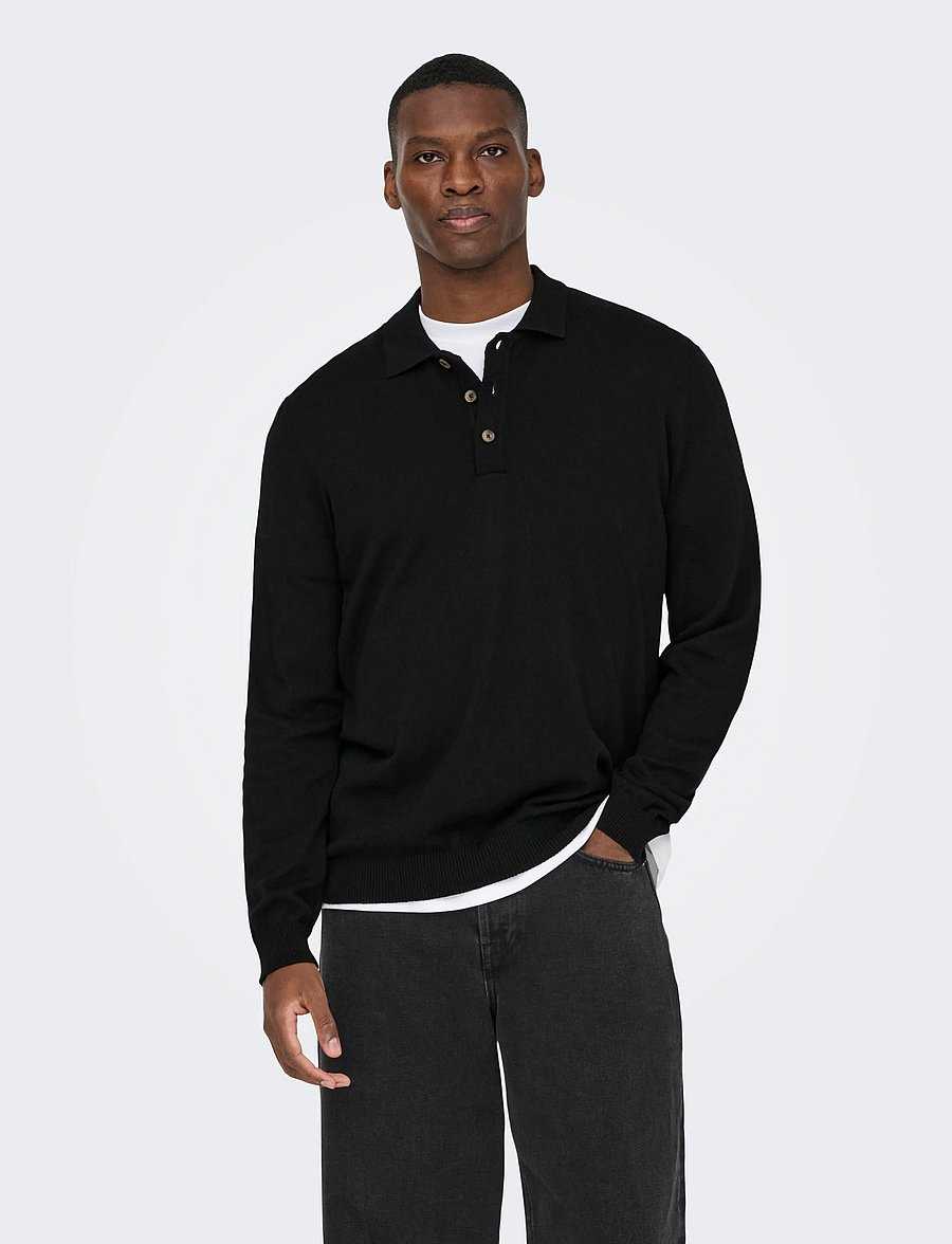 ONLY & SONS - ONSLOUI REG 12 LS MEL POLO KNIT NOOS - long-sleeved knitted polos - black - 0