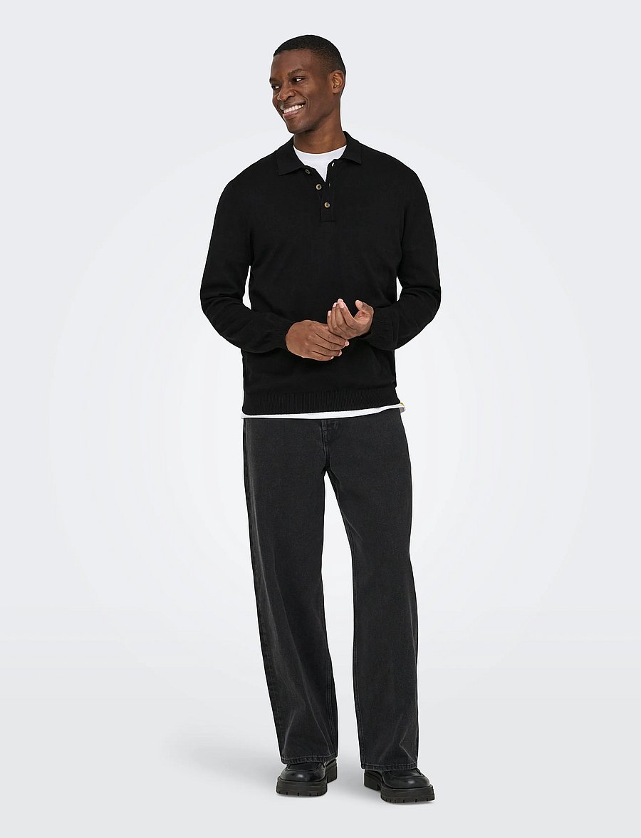 ONLY & SONS - ONSLOUI REG 12 LS MEL POLO KNIT NOOS - long-sleeved knitted polos - black - 4
