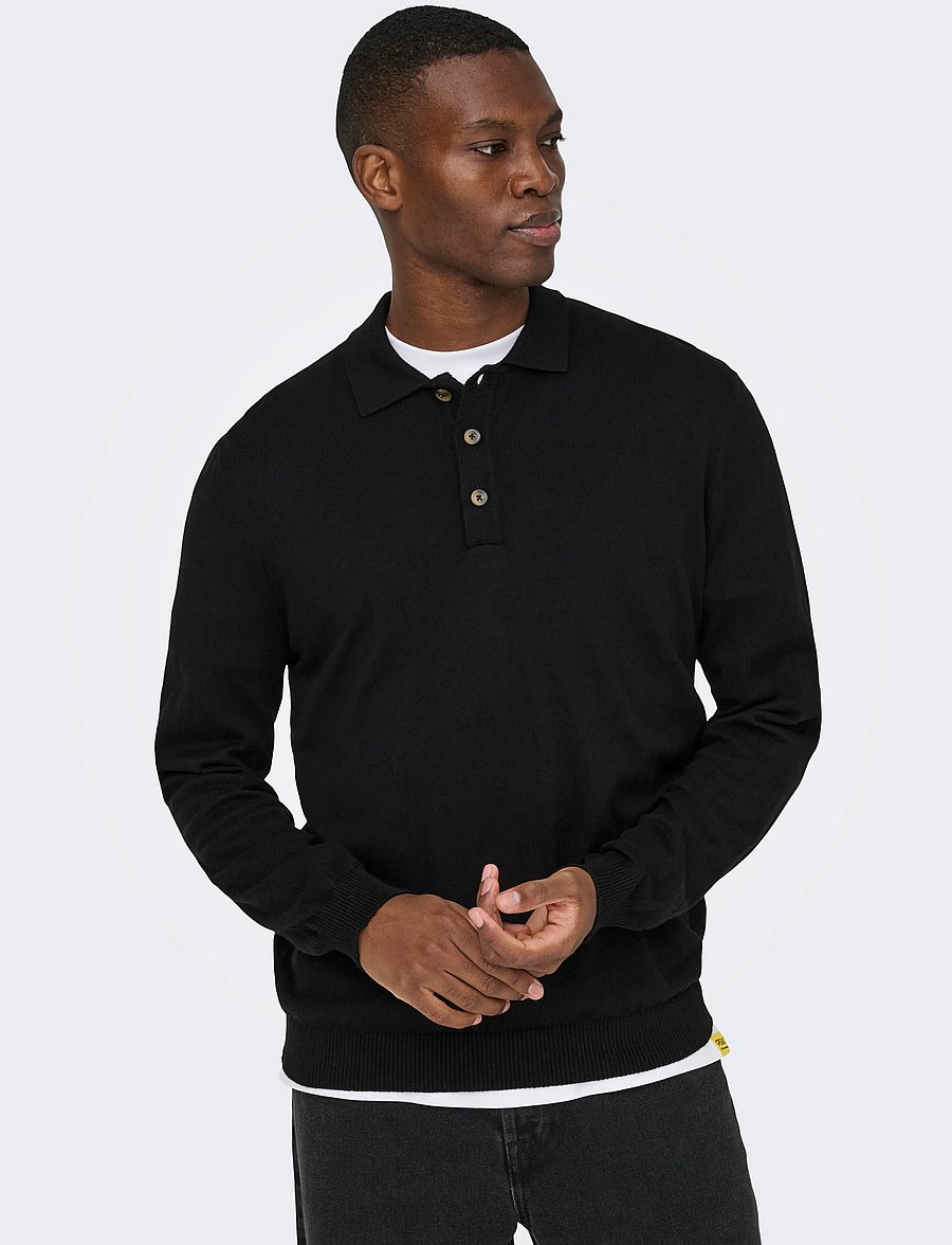ONLY & SONS - ONSLOUI REG 12 LS MEL POLO KNIT NOOS - long-sleeved knitted polos - black - 5