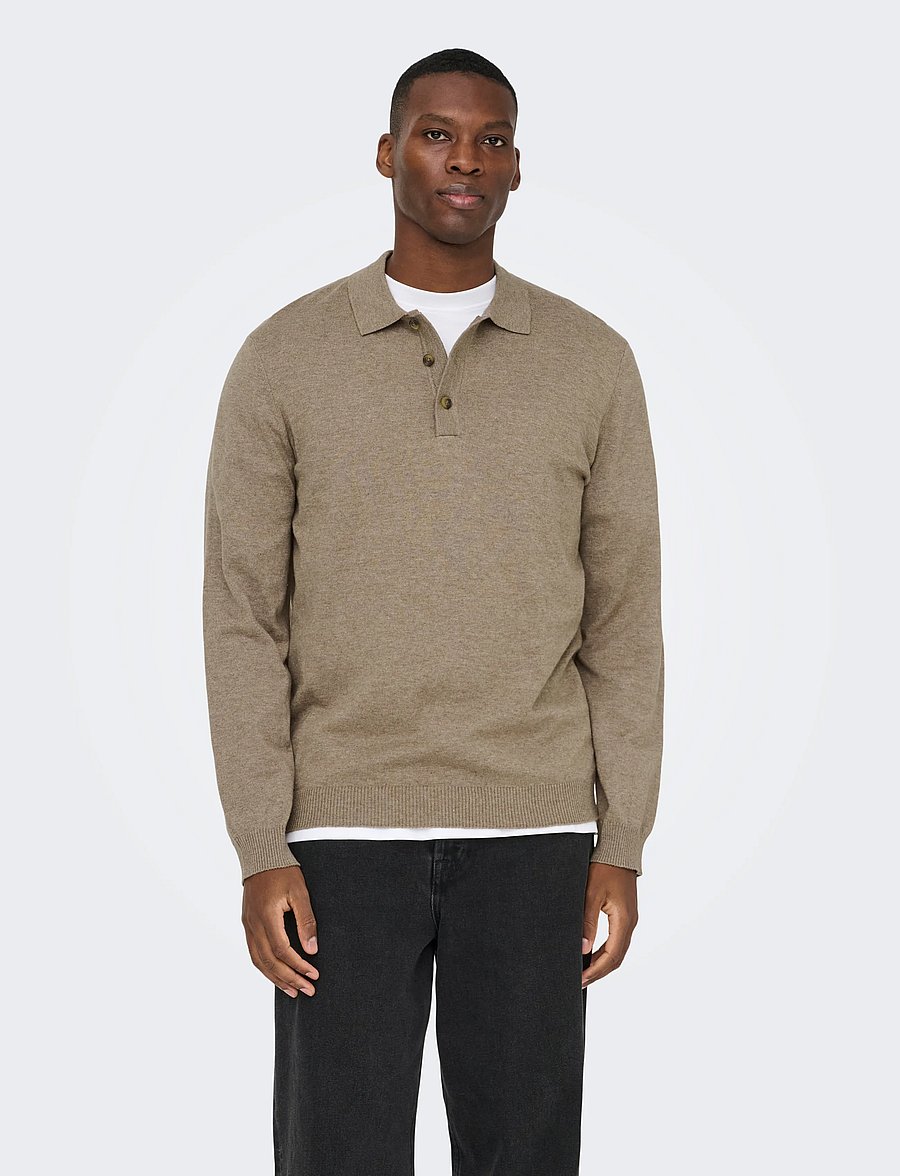 ONLY & SONS - ONSLOUI REG 12 LS MEL POLO KNIT NOOS - long-sleeved knitted polos - desert taupe - 0