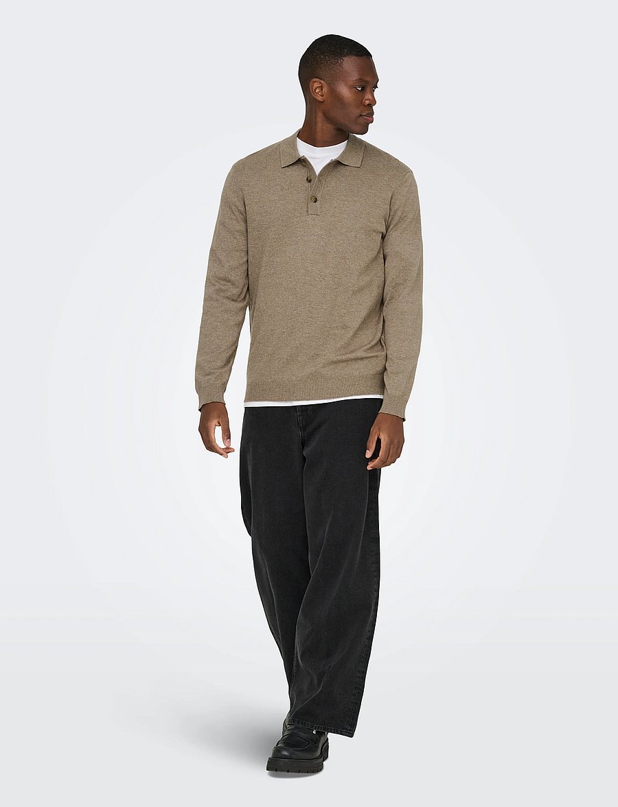 ONLY & SONS - ONSLOUI REG 12 LS MEL POLO KNIT NOOS - long-sleeved knitted polos - desert taupe - 4