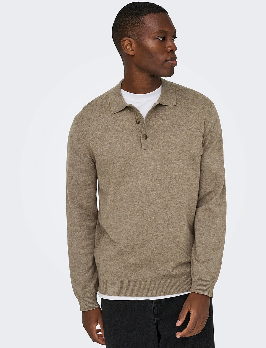 ONLY & SONS - ONSLOUI REG 12 LS MEL POLO KNIT NOOS - long-sleeved knitted polos - desert taupe - 5