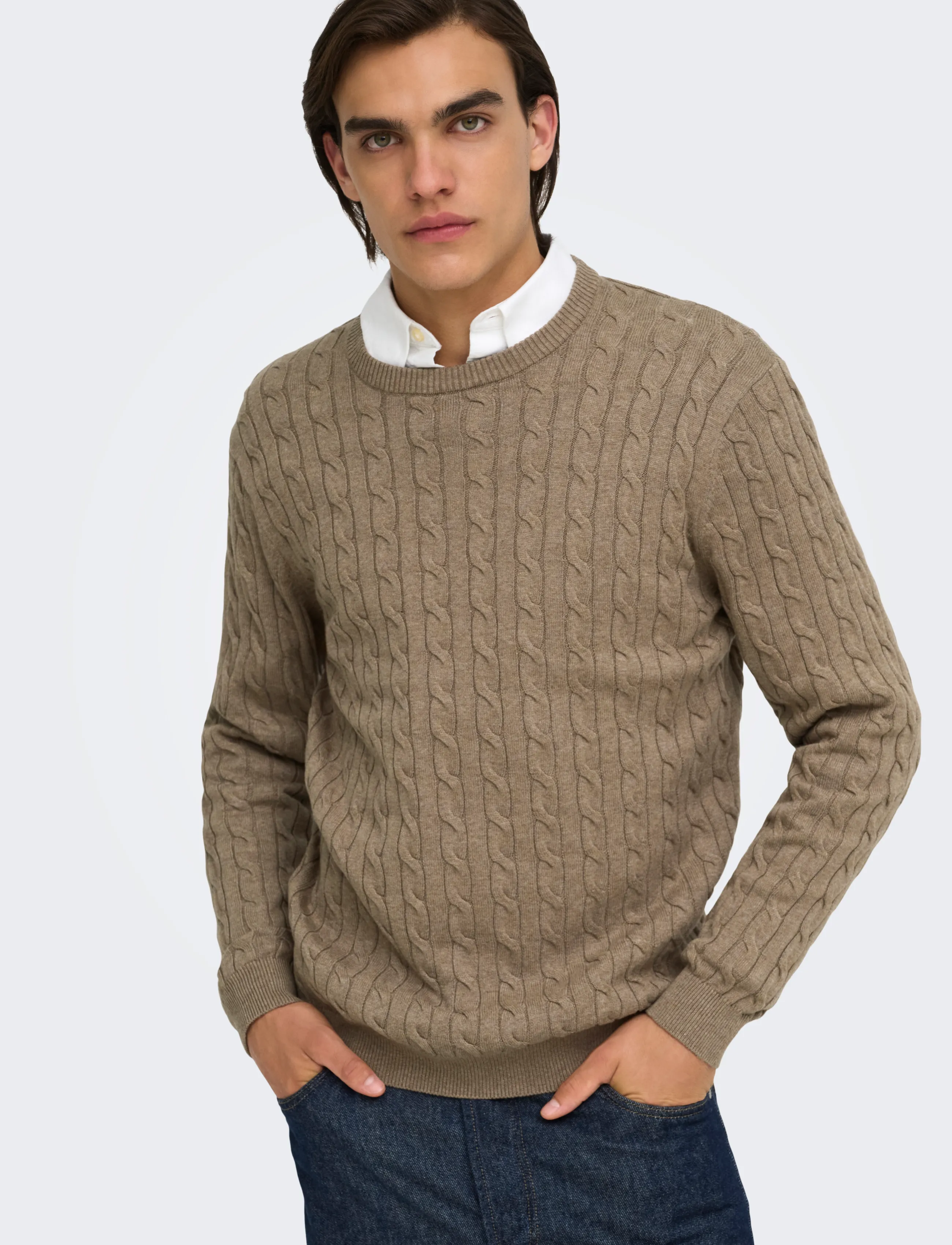 ONLY & SONS - ONSLOUI REG 12 CABEL CREW KNIT NOOS - desert taupe - 5