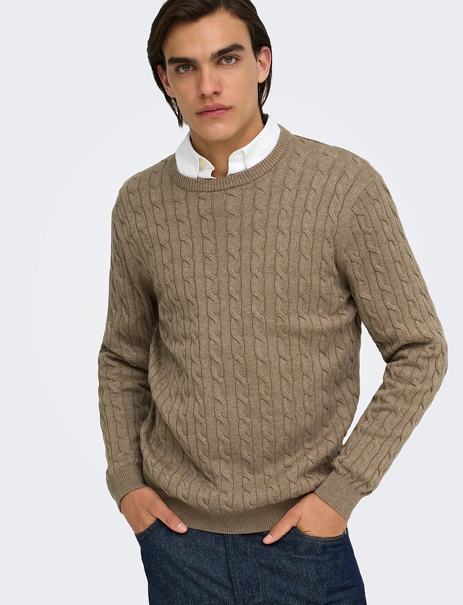 ONLY & SONS - ONSLOUI REG 12 CABEL CREW KNIT NOOS - rund hals - desert taupe - 5