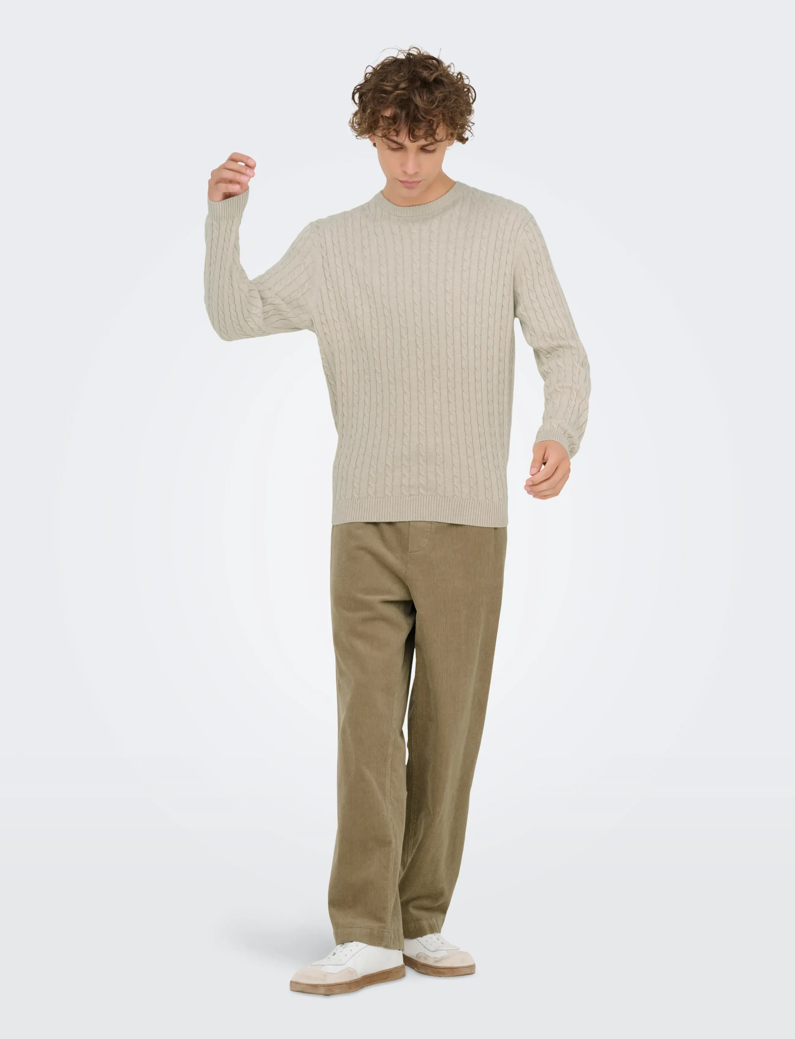 ONLY & SONS - ONSLOUI REG 12 CABEL CREW KNIT NOOS - round necks - oatmeal - 4