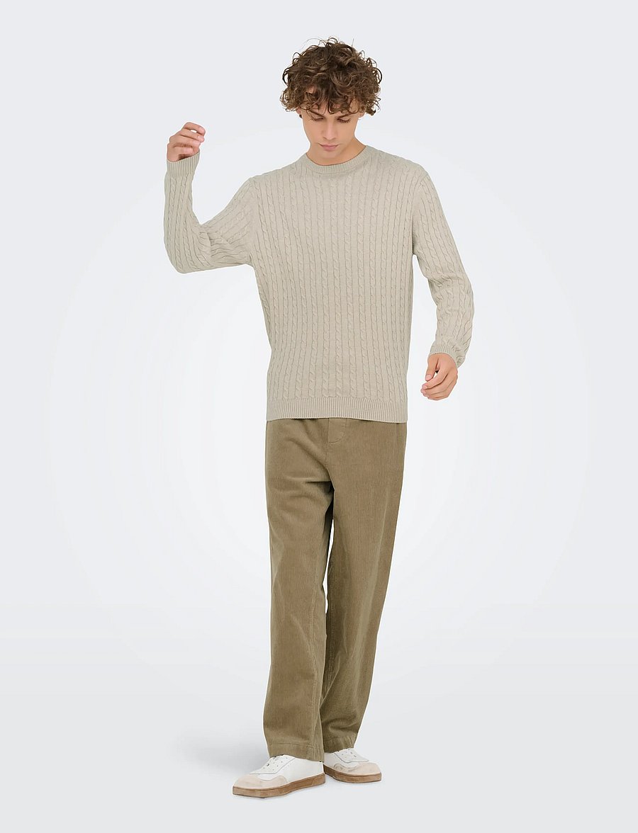 ONLY & SONS - ONSLOUI REG 12 CABEL CREW KNIT NOOS - round necks - oatmeal - 4
